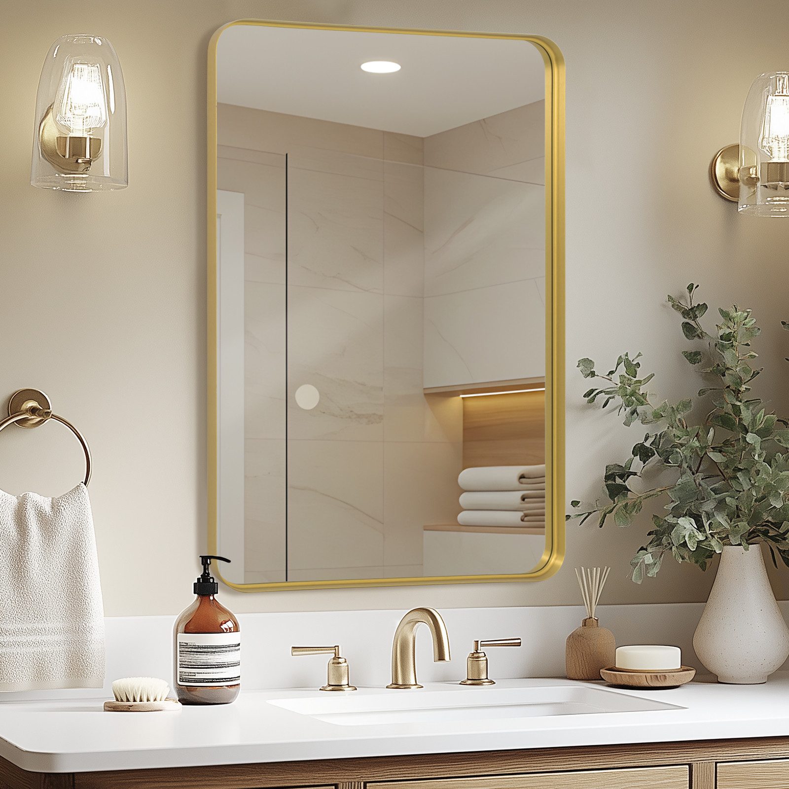 LUNAMIRROR Wandspiegel mit abgerundeten Ecken, Aluminiumrahmen, HD-Spiegelglas (1-St), senkrecht & waagerecht montierbar, schwarz/golden/silber – Bild 2 von 5