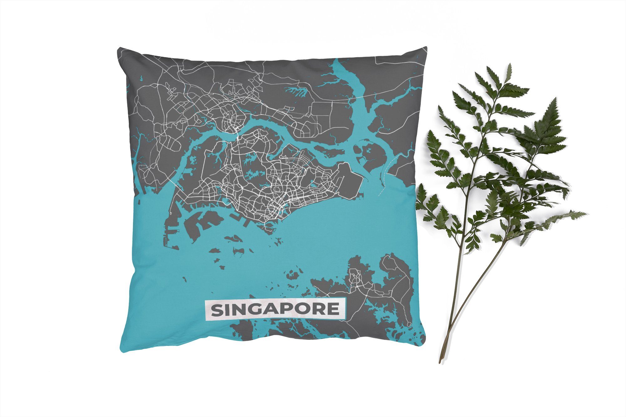 MuchoWow Dekokissen Singapur - Karte - Blau - Stadtplan, Zierkissen mit Füllung für Wohzimmer, Schlafzimmer, Deko, Sofakissen