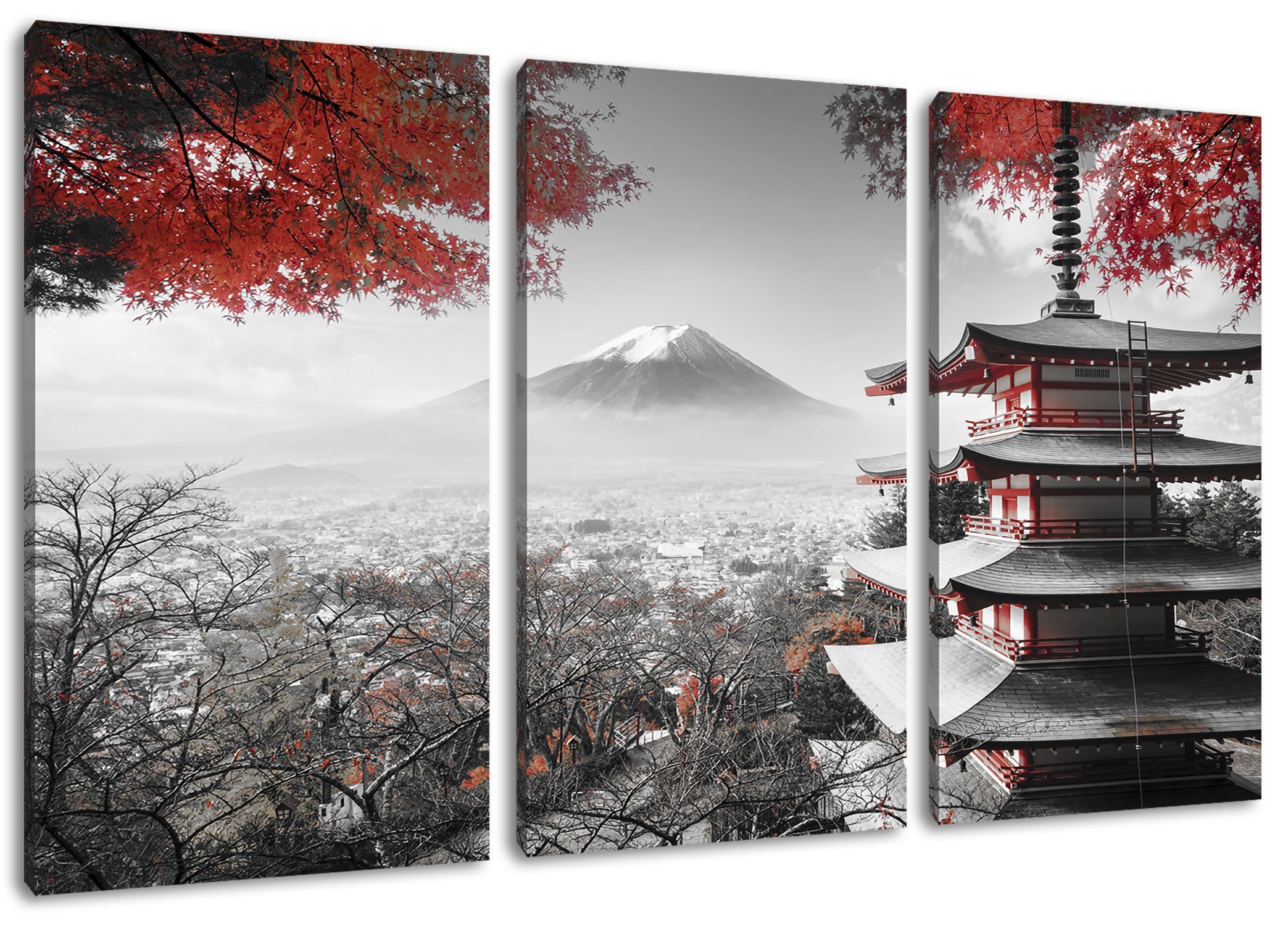 Herbst Tempel Japanischer inkl. 3Teiler bespannt, St), im Leinwandbild (1 im Zackenaufhänger Pixxprint Tempel (120x80cm) fertig Herbst, Japanischer Leinwandbild