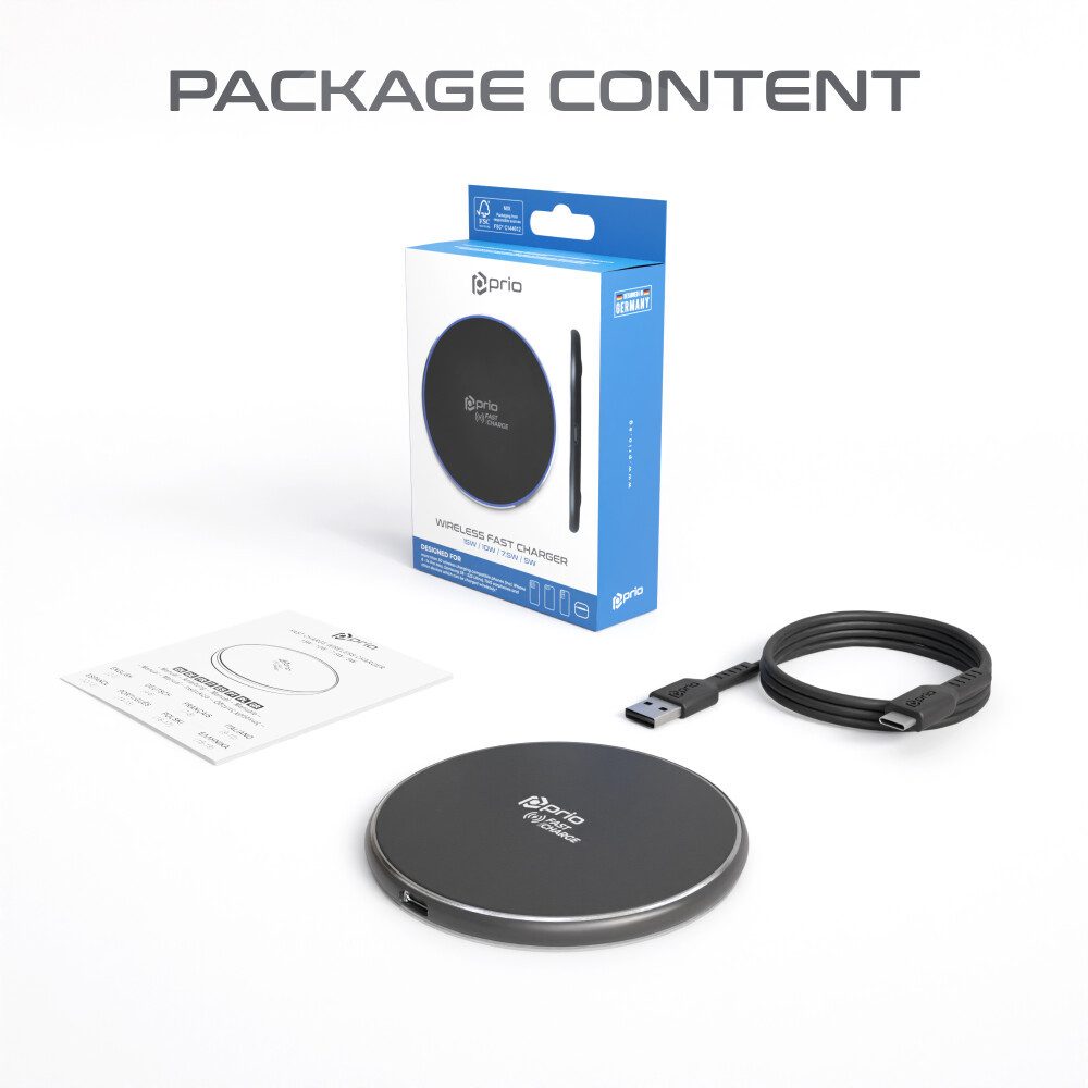 prio prio kabelloses Schnellladegerät 15W (USB C) schwarz Smartphone-Ladegerät (Kabelloses Ladegerät, 1-tlg)