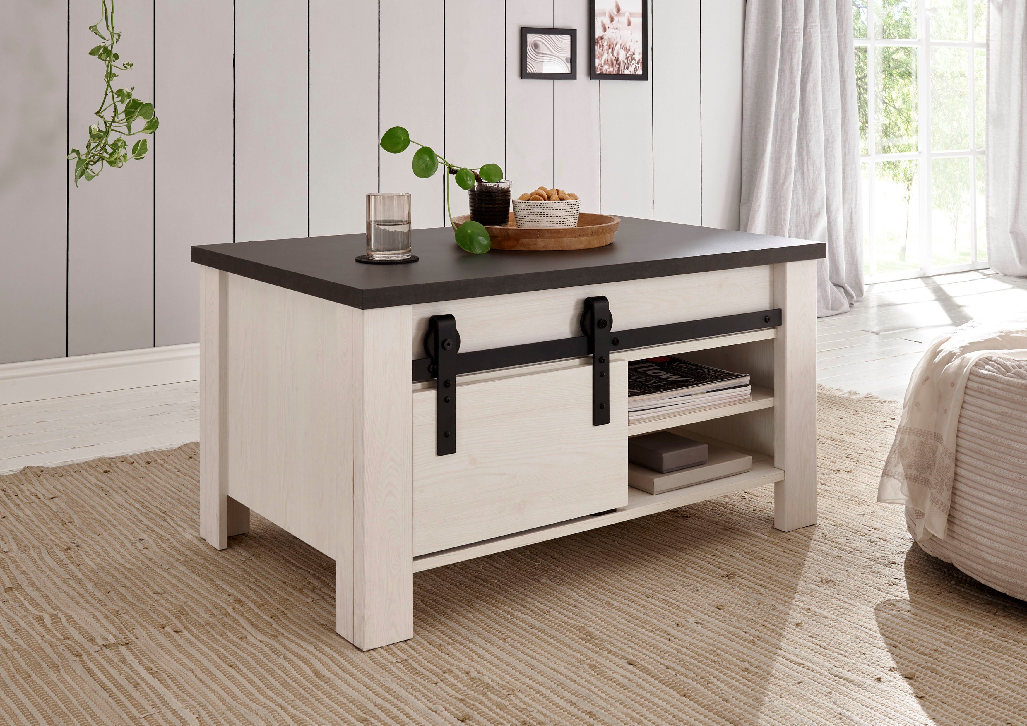 Home affaire Couchtisch SHERWOOD, modernes Holz Dekor, mit Scheunentorbesch günstig online kaufen