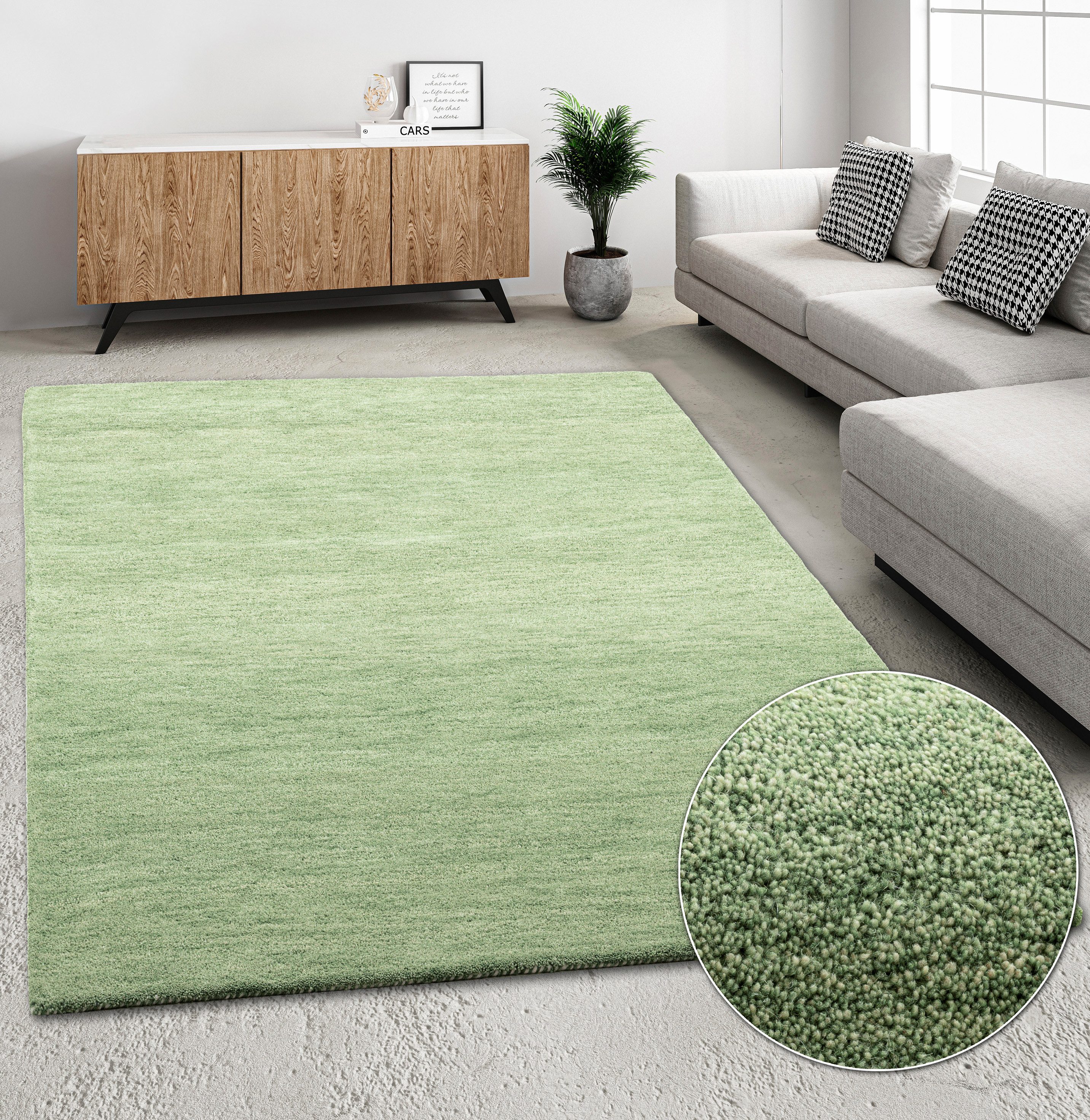 THEKO Wollteppich Gabbeh Uni, Handgefertigt, Teppich, meliert, reine Wolle, rechteckig, Höhe: 14 mm, Schlafzimmer, Wohnzimmer, Esszimmer, auch als Дорожка oder rund