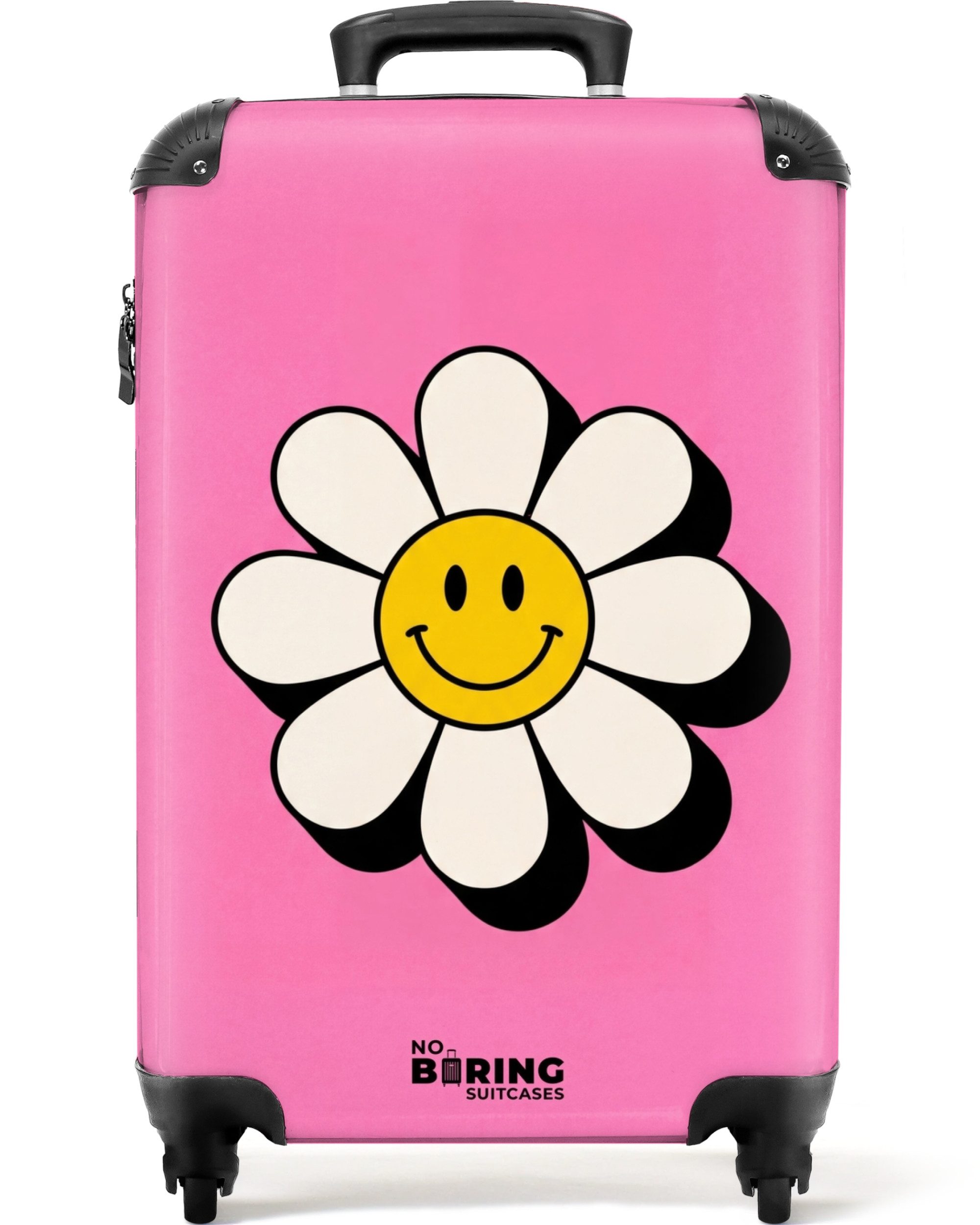 NoBoringSuitcases.com© Hartschalen-Trolley Smiley - Blume - Rosa 55x35x20cm, Kinder Koffer Klein, Trolley Handgepäck, Reisekoffer