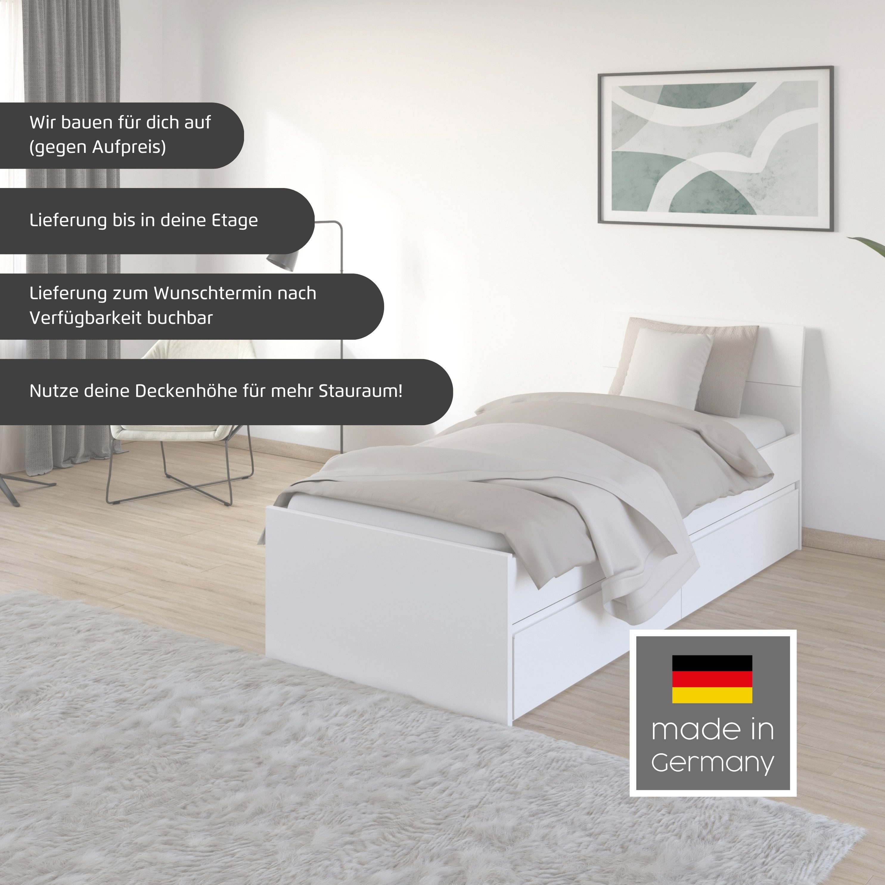 rauch Stauraumbett Doppelbett Einzelbett Bett für kleine Räume Stauraum JOEL (Liegefläche 90x200 oder 140x200 cm), praktische Bettschubkästen für zusätzlichen Stauraum MADE IN GERMANY