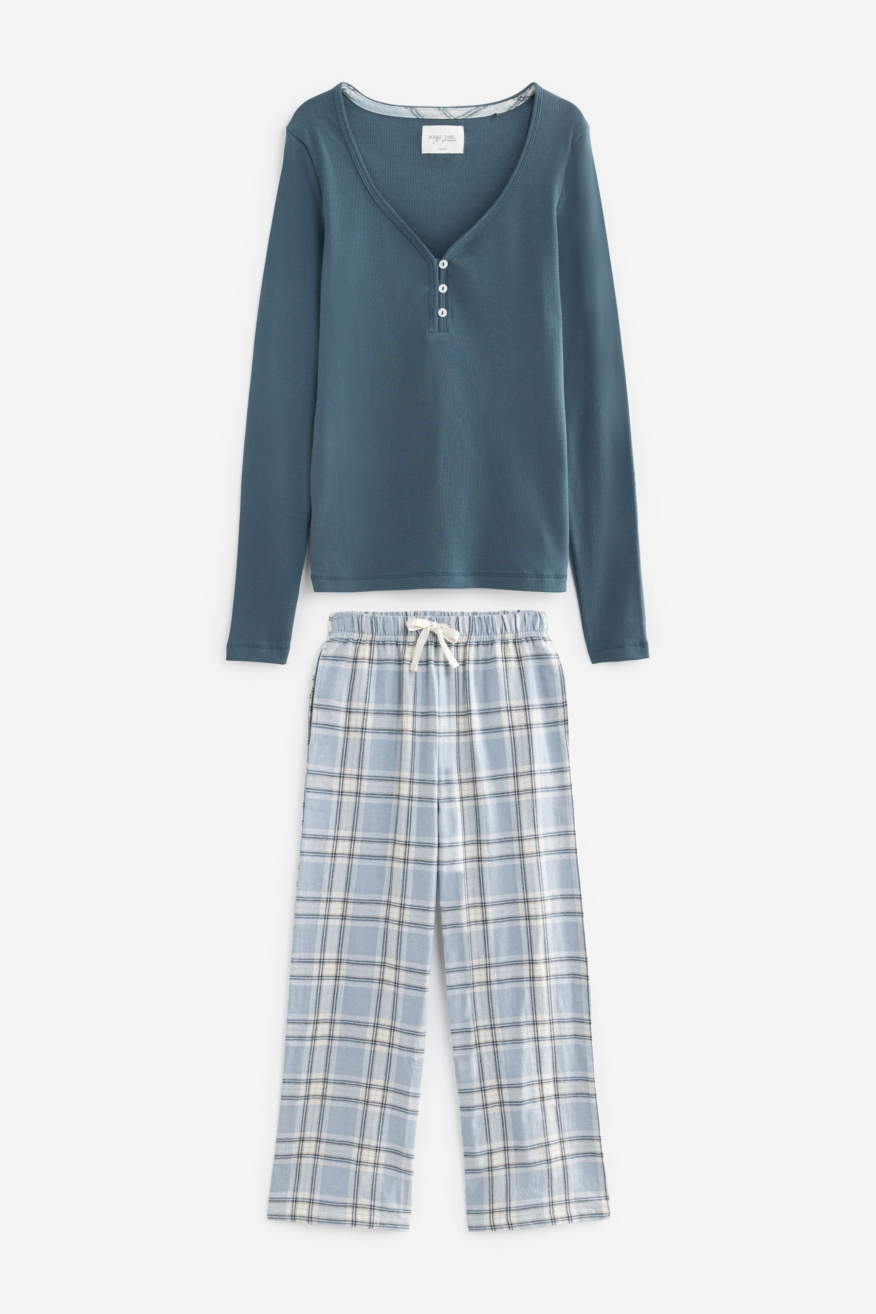 mit Flanellhose und Pyjama (2 Top Schlafanzug geripptem tlg) Blue Next