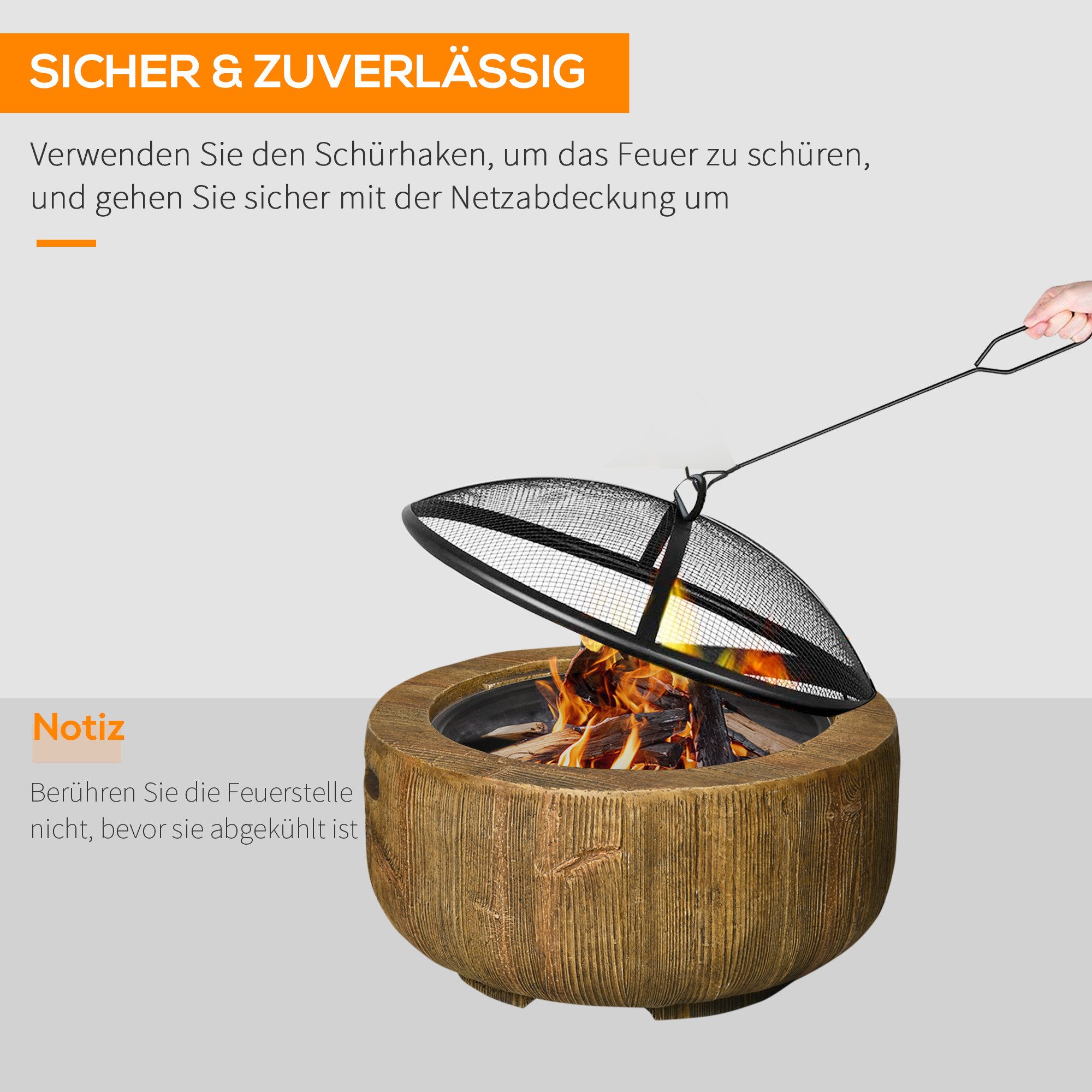 Outsunny Feuerschale Feuerstelle mit Deckel und Schürhaken im Baumstumpf-Design für Garten Camping Terrasse aus Stahl MgO Braun Aosom.de – Bild 5 von 5