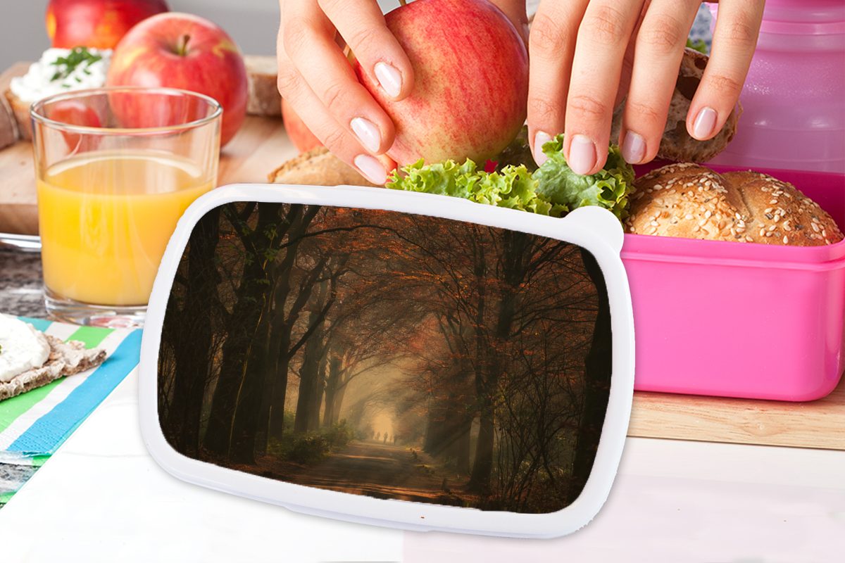 rosa Waldweg Natur, - Erwachsene, und - für Kunststoff, Kinder, MuchoWow Pflanzen Brotdose Wald Brotbox Kunststoff Mädchen, Bäume Snackbox, - - Herbst Lunchbox (2-tlg),