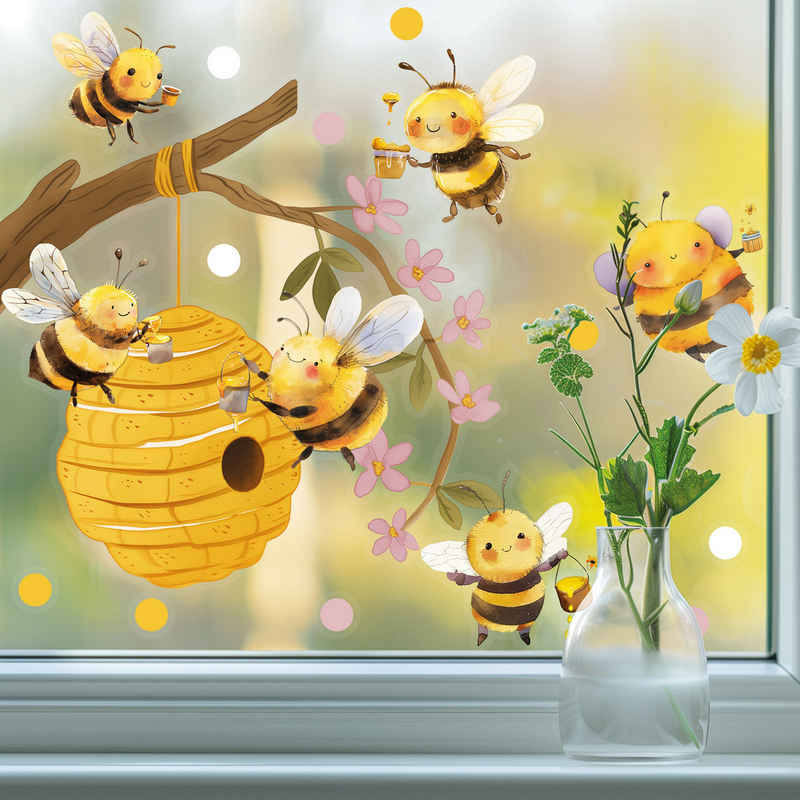 Sunnywall Fensterdekoration wiederverwendbares Fensterbild Bienen auf Honigsuche im Kirschbaum, wiederverwendbar, statisch haftend, beidseitiger Druck, nachhaltig