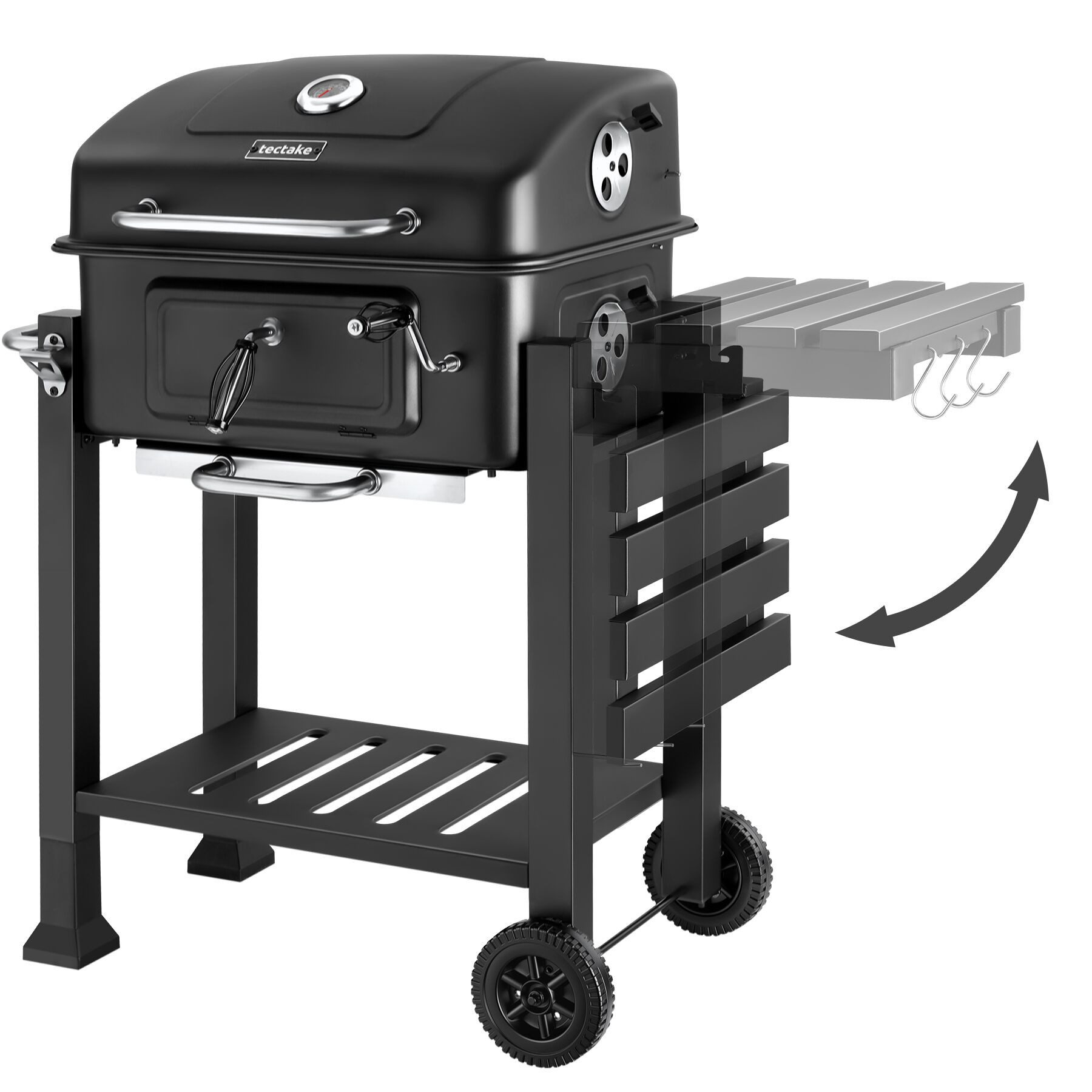 tectake Holzkohlegrill Grillwagen mit 2 Rädern, regulierbare Luftzufuhr, 110 x 64 x 104 cm, Standgrill Florian, in schwarz, mit Thermometer, Warmhalterost und klappbare Seitenablage mit 3 Haken