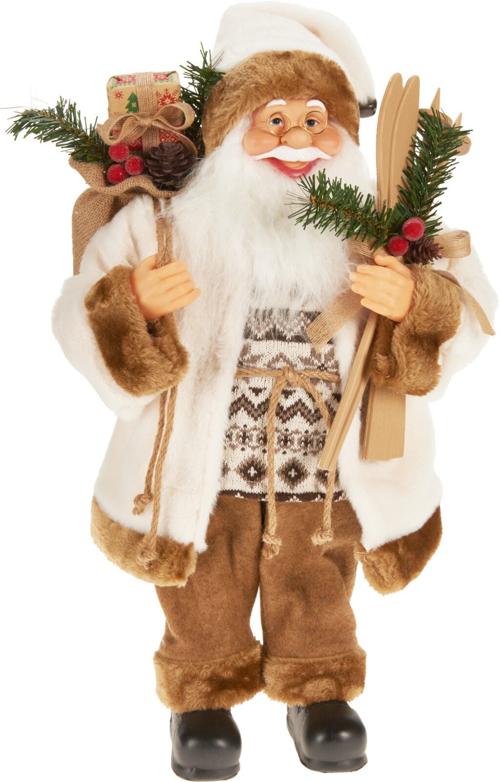 Koopman Weihnachtsmann Weihnachtsfigur Weihnachten XL 60cm Braun Polyester (1 St), 60x30x12cm, Geschenkebeutel, Detailreich, Skier, Kunststoff