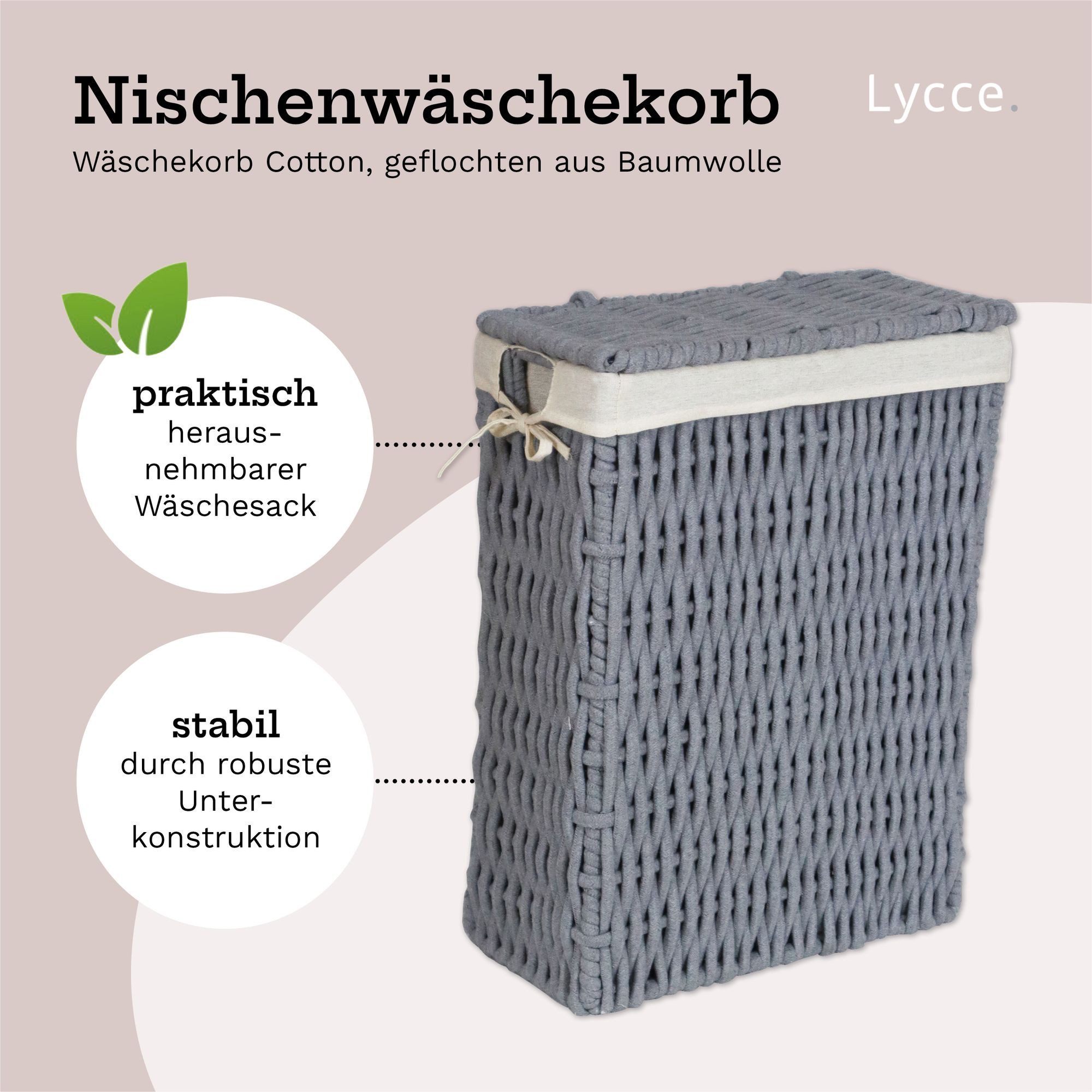 Lycce Wäschekorb Wäschekorb COTTON mit Deckel Nischenwäschekorb schmal grau günstig online kaufen
