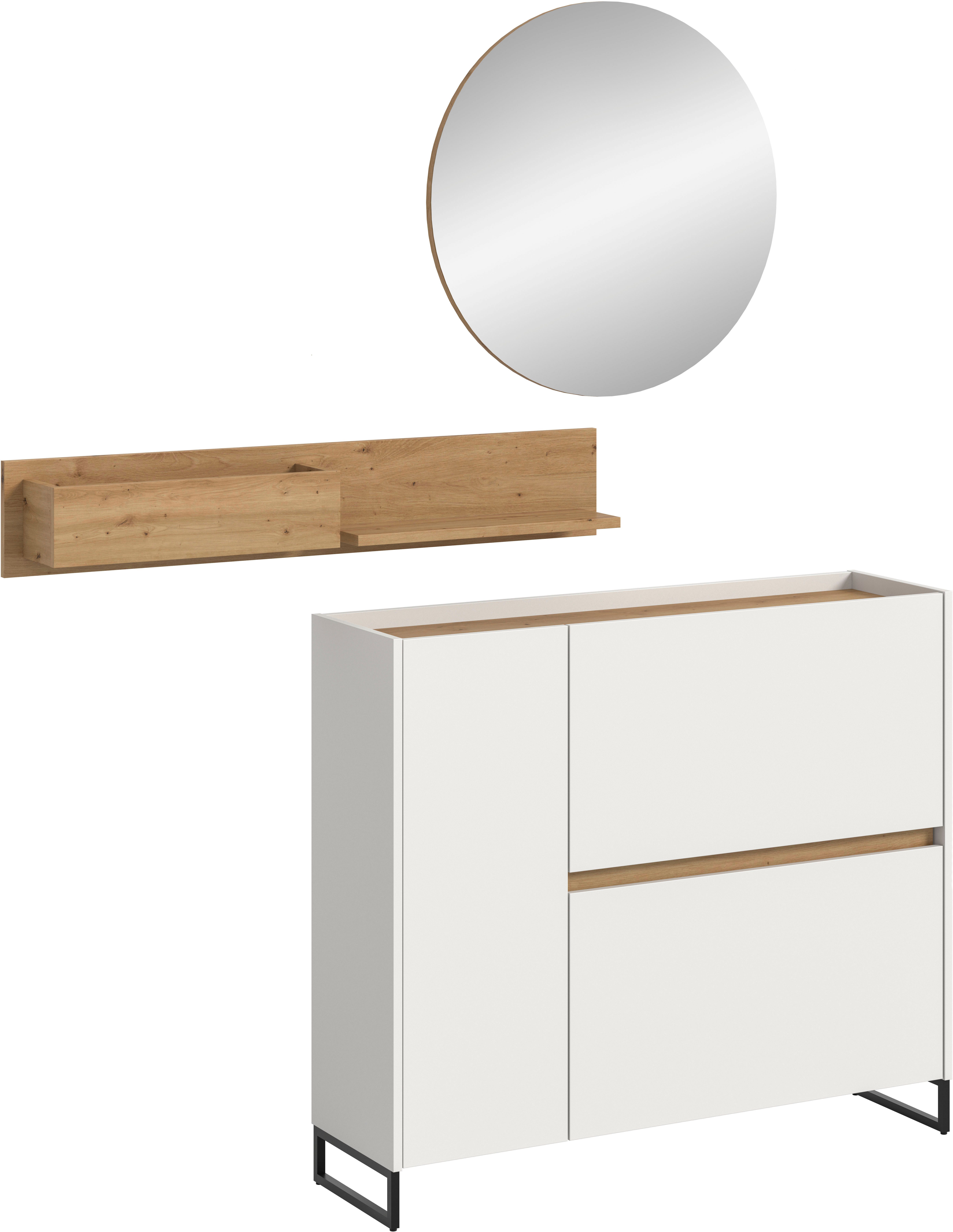 Home affaire Garderoben-Set EVRID, 3-teilig, Breite 140 cm, individuell stellbar & erweiterbar, (3-St., best. aus: Kommode, Wandboard & Spiegel), Garderobenkombination, Garderobe, Wandgarderobe, Flur, Diele