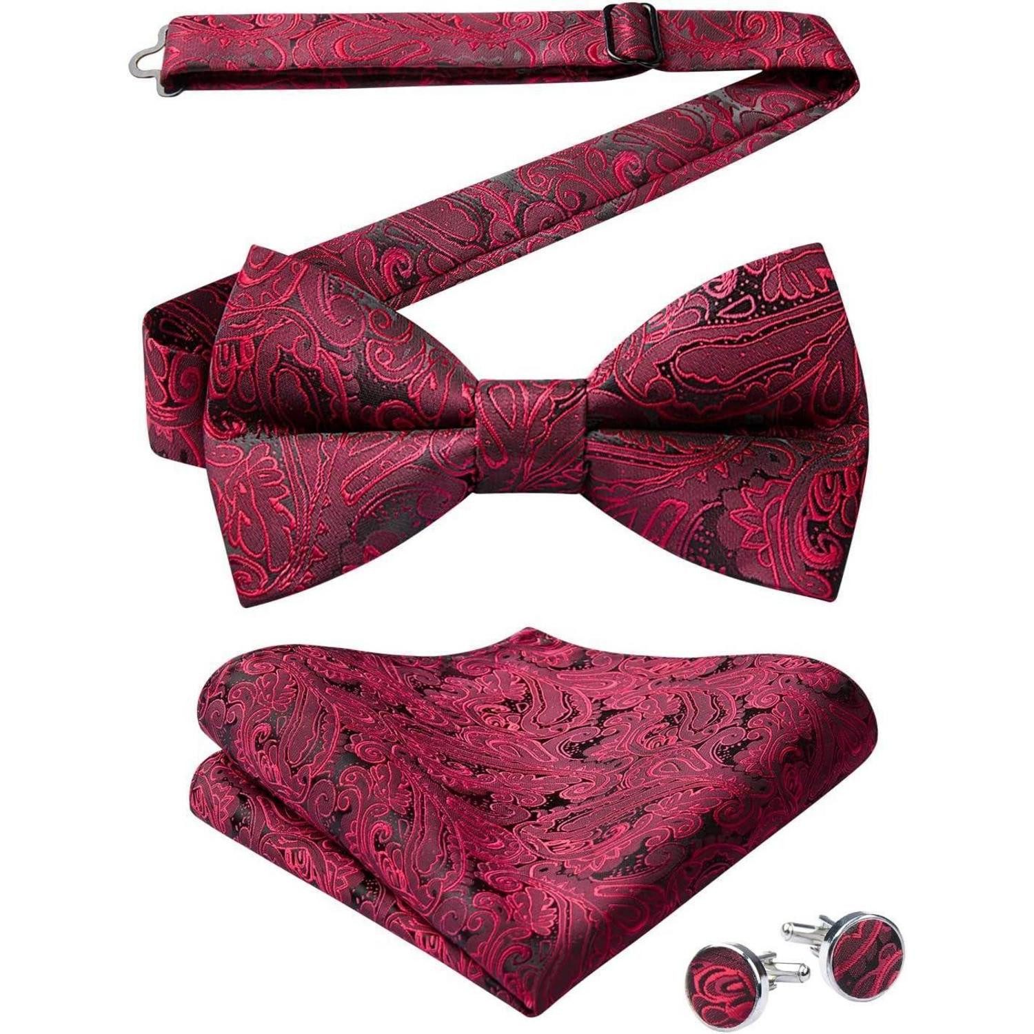 LuxusKollektion Fliege Fliege Herren Paisley Einstecktuch Manschettenknöpfe Set A2 Bordeaux