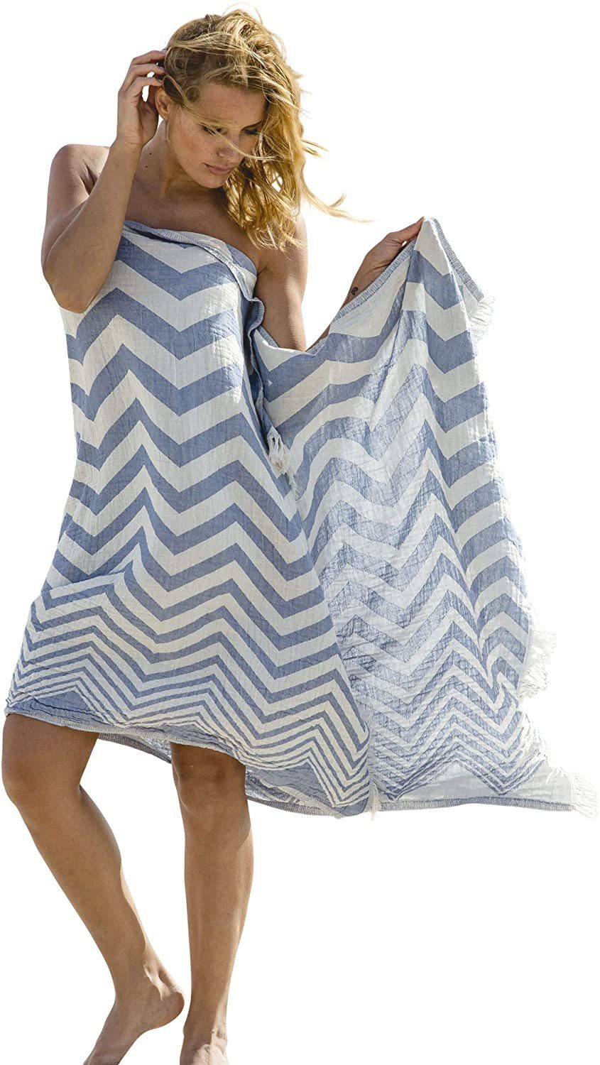 Badedecke Strandtuch 100% Zickzack x 90 Dekodecke Baumwolle Carenesse cm, leichtes Fouta Baumwolle, aus 175 Handtuch blau Tischdecke Pestemal Strandtuch Saunatuch,