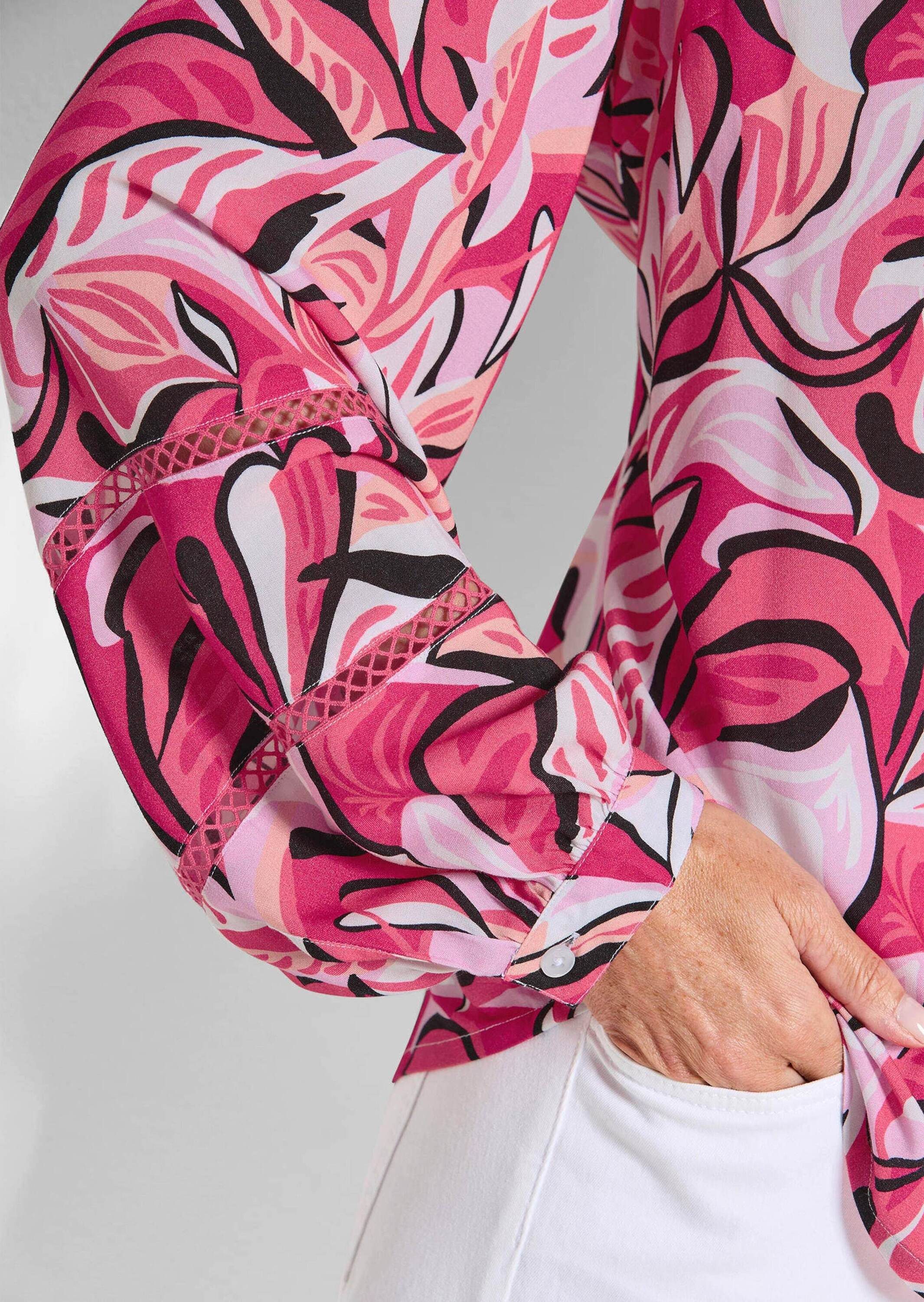 GOLDNER Kurzarmbluse Viskosebluse mit floralem Muster Schlupfbluse mit Rundhals, Spitzenakzenten und Langarm