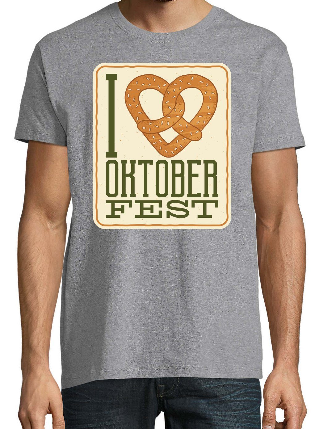 Print-Shirt Aufdruck Spruch und Herren LOVE OKTOBERFEST mit Youth Designz T-Shirt I Grau Brezel Fun-Look