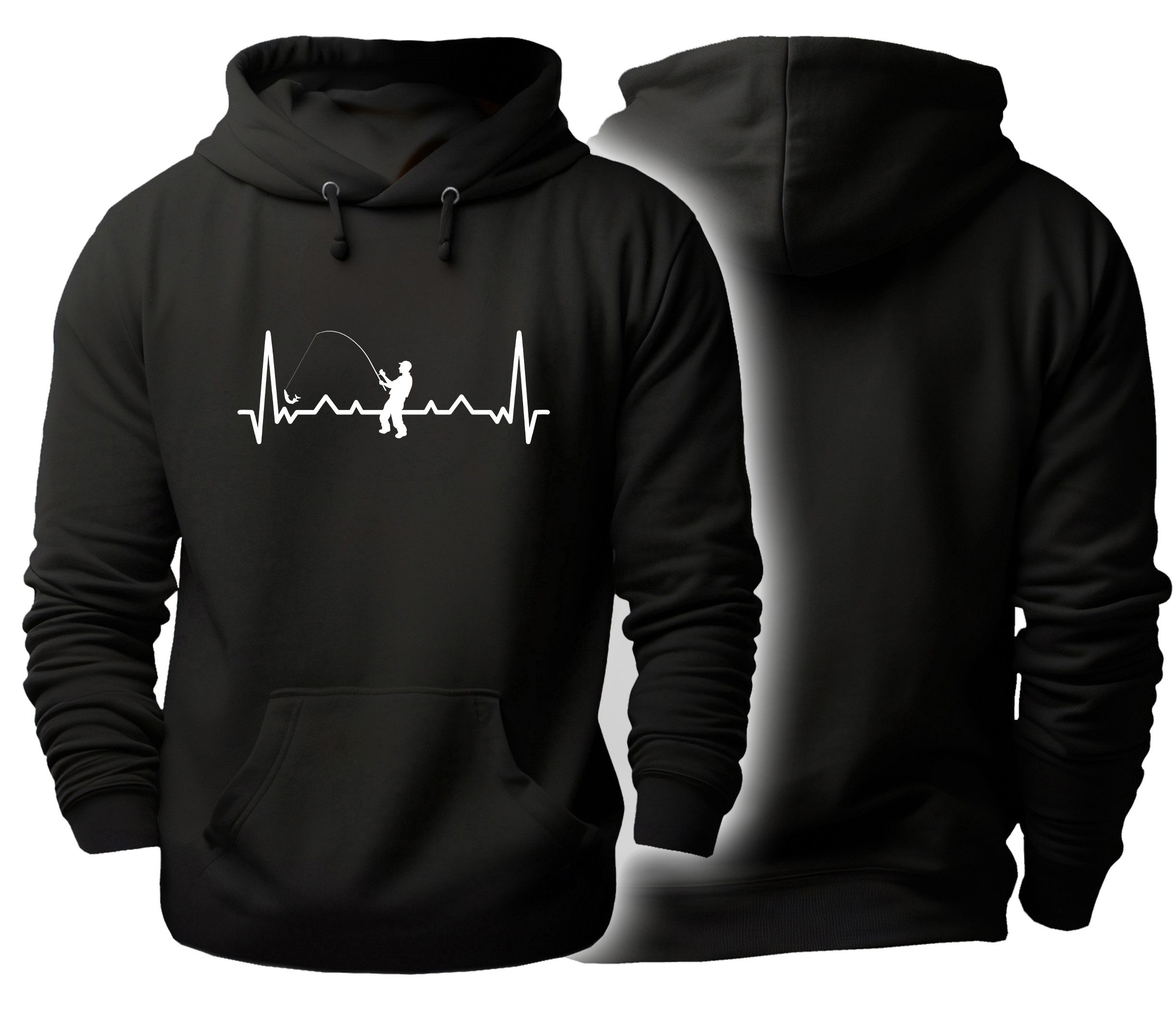 MyDesign24 Hoodie Kapuzen Pullover - Herzschlaglinie mit Angler schwarzer Kapuzensweater Gr.M i559