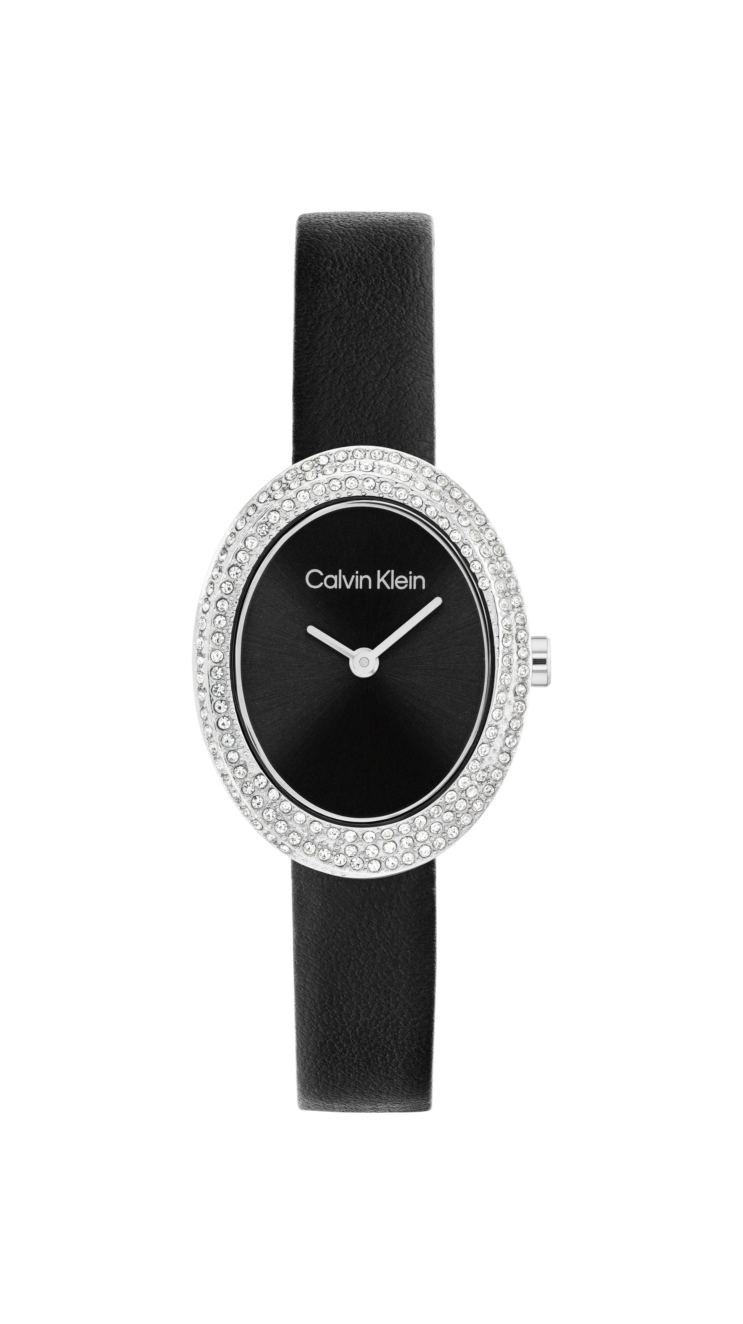 Calvin Klein Quarzuhr Twisted Bezel 25100145, Armbanduhr, Damenuhr, Lederarmband, analog, Glaskristalle