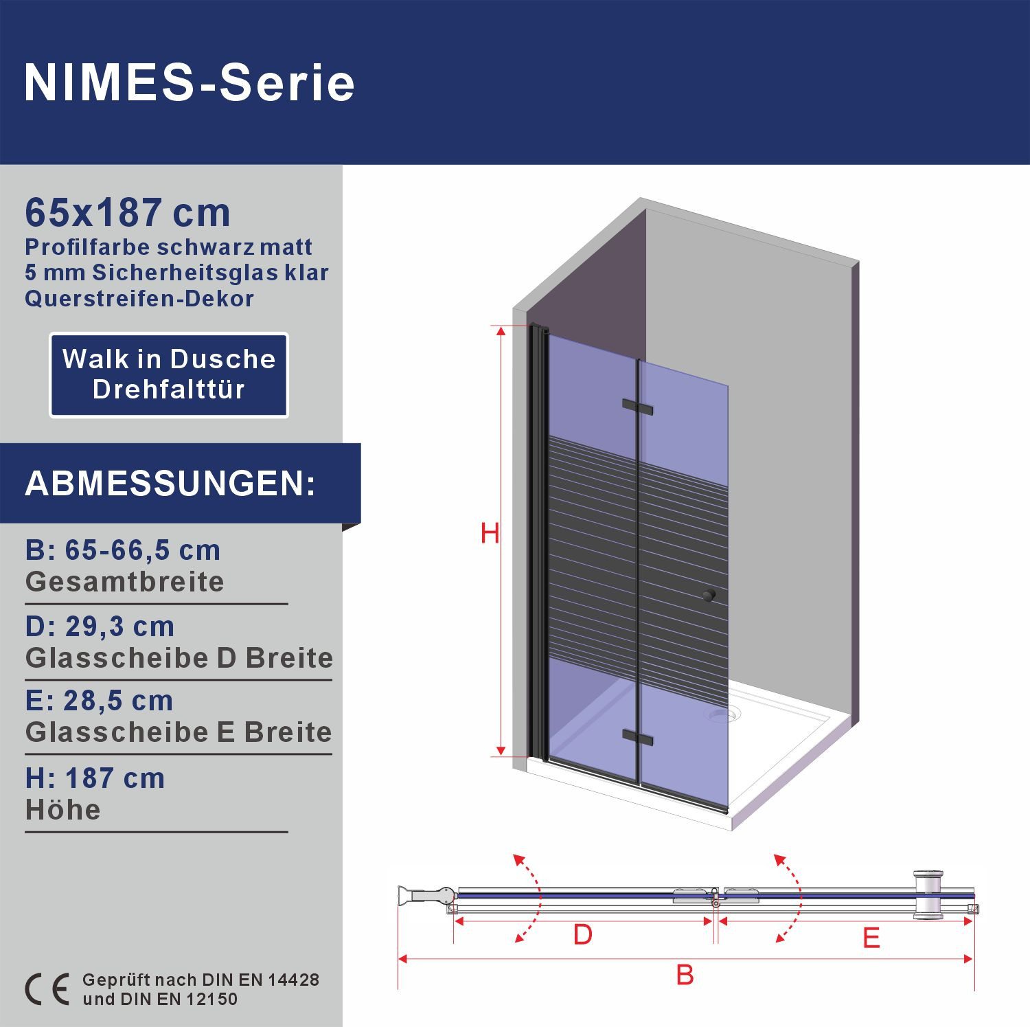 AQUABATOS Duschwand Walk-in-Dusche Glaswand faltbar mit Streifendekor Breite 65-115 cm, Sicherheitsglas, (Packung), 5mm Sicherheitsglas Duschtür schwarzmatt Höhe 187cm Wandausgleich 15mm
