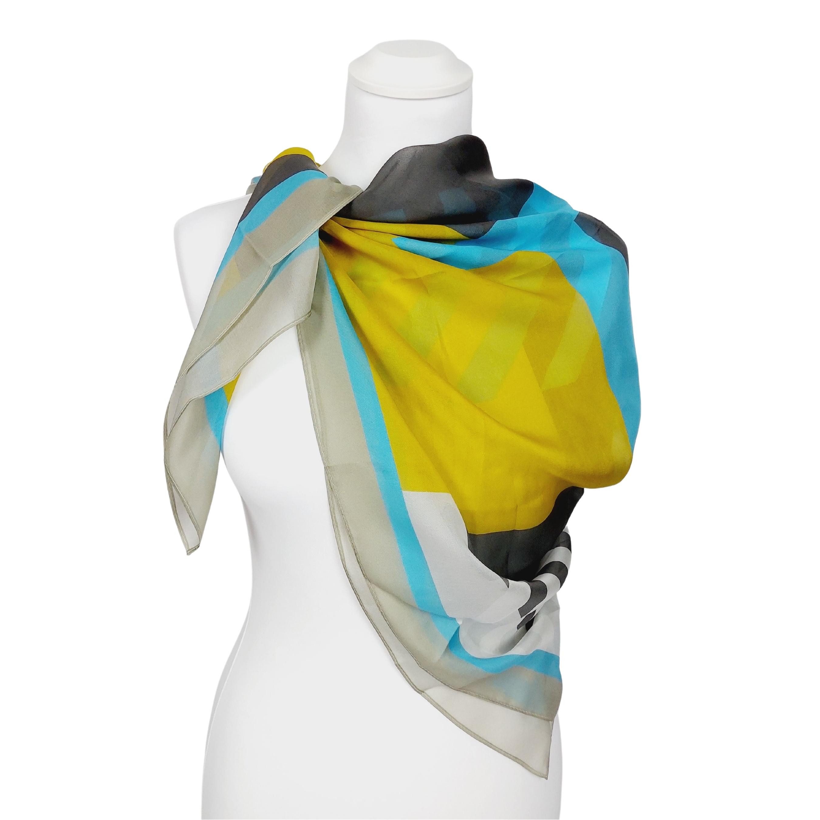 TINITEX Seidenschal Seidentuch Halstuch Patchwork Grafik grau blau gelb
