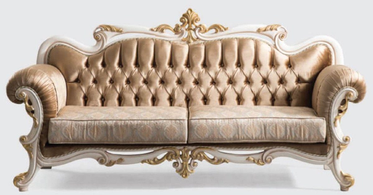 Casa Padrino Sofa Luxus Barock Sofa Braun / Silber / Weiß / Gold - Handgefertigtes Wohnzimmer Sofa mit elegantem Muster - Barock Wohnzimmer Möbel - Edel & Prunkvoll