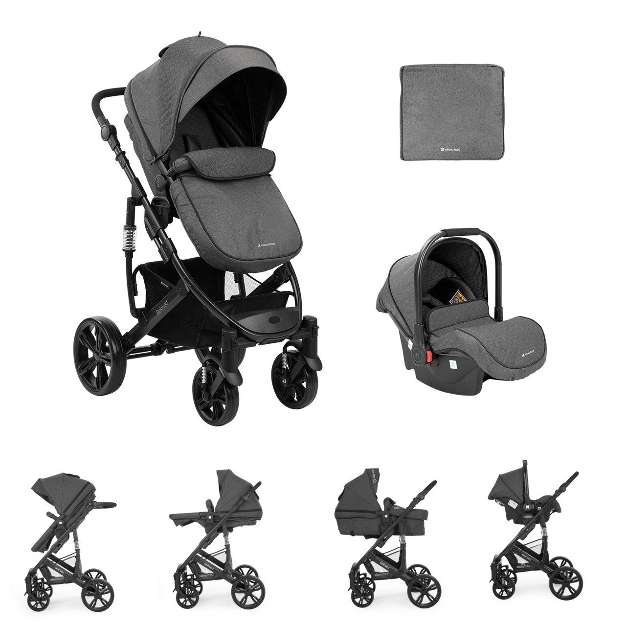 Kikkaboo Kombi-Kinderwagen Kombikinderwagen 3 in 1 Beloved, Babywanne Autositz Wickeltasche faltbar grau