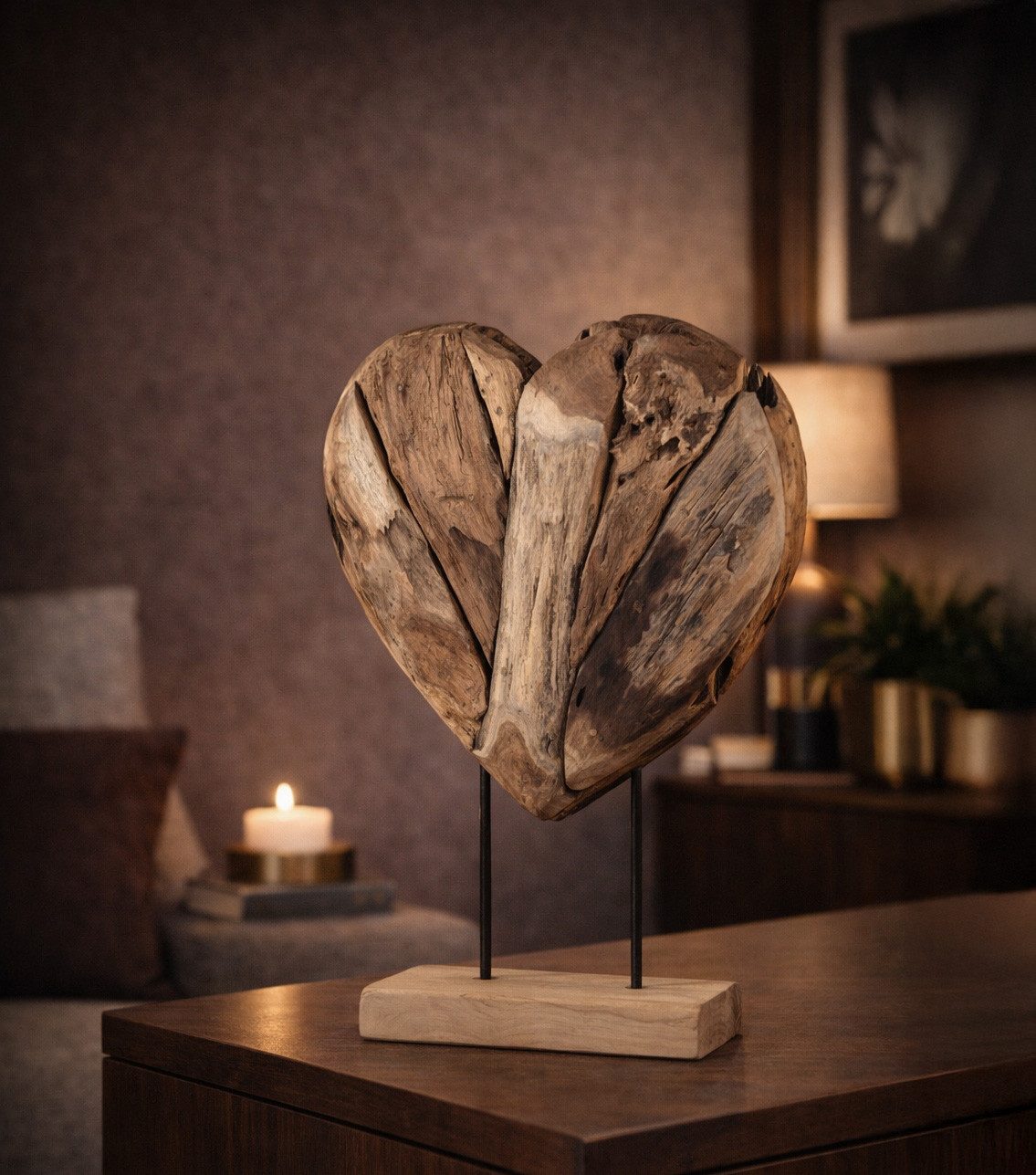 formano Skulptur Herz Holz Skulptur aus massivem Teakholz 60 cm auf Standfuß