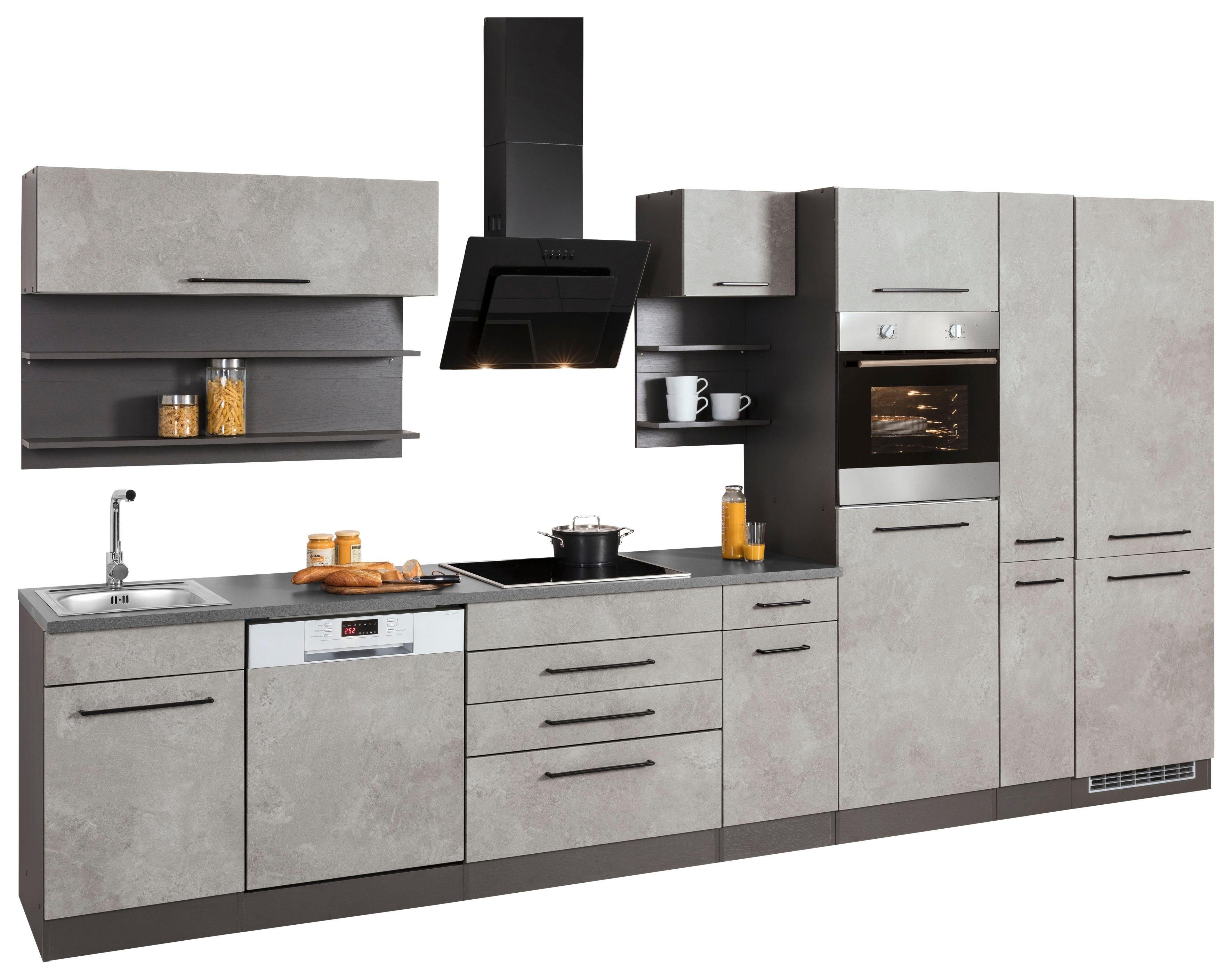 KOCHSTATION Küchenzeile KS-Tulsa, mit E-Geräten, Breite 380 cm, schwarze Metallgriffe, MDF Fronten