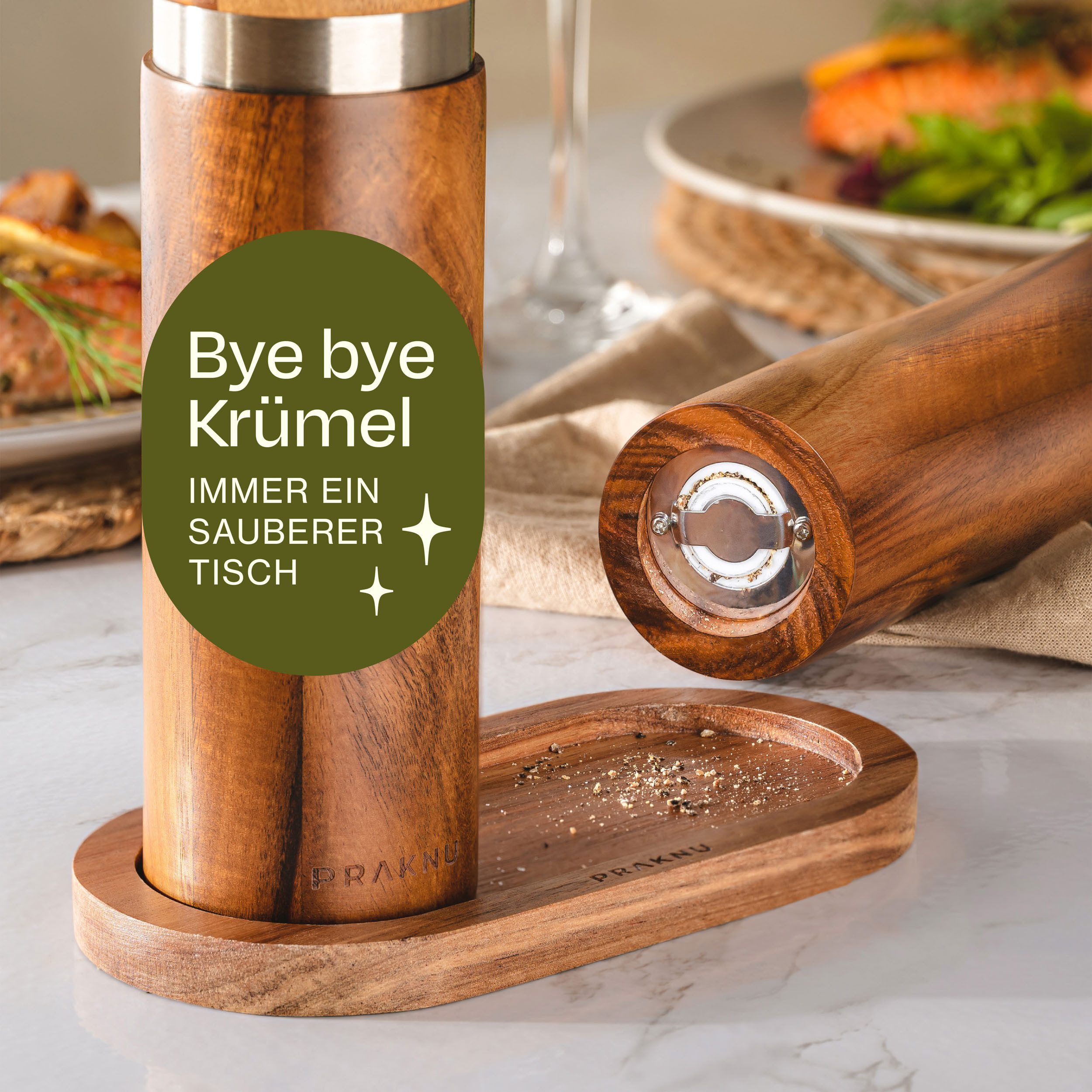 Praknu Salz-/Pfeffermühle Salz und Pfeffermühle aus Akazienholz mit Untersetzer - Nachhaltiges manuell, Nachhaltiges FSC Holz - Langlebiges Keramikmahlwerk - Plastikfrei