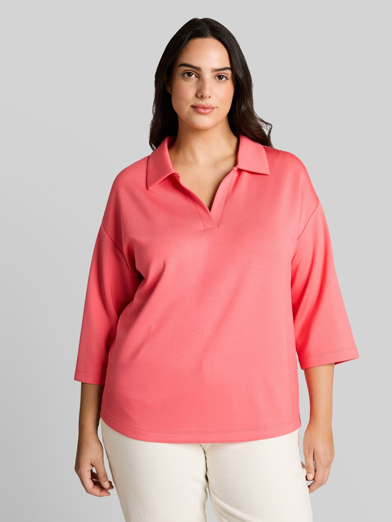 TOM TAILOR PLUS 3/4-Arm-Shirt T-Shirt Plus Size - Loose Fit Scuba Langarmshirt mit Polokragen