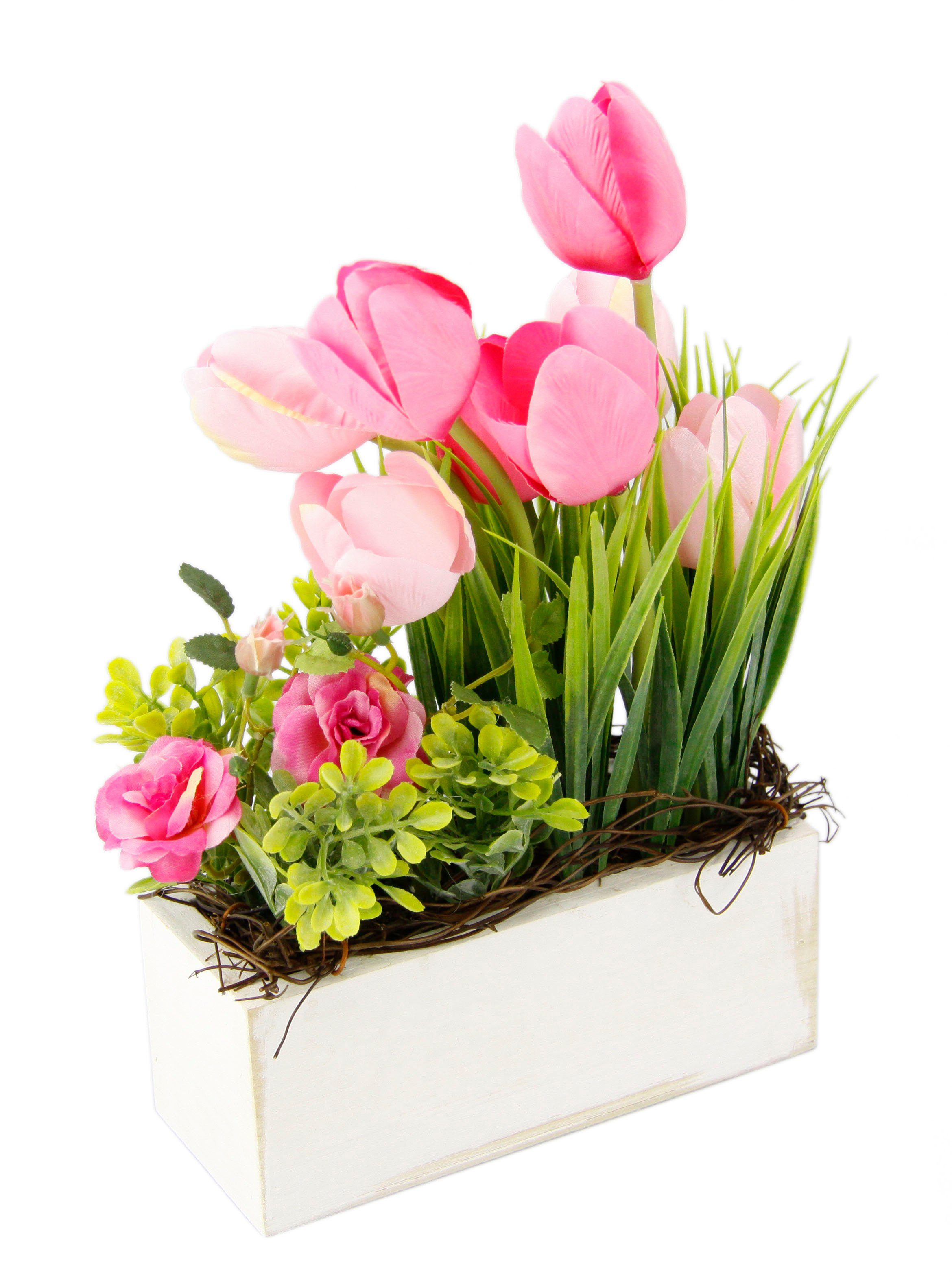 Gestecke Tulpen Wildrosen und Gras, my home, Höhe 26 cm, Im Topf, aus Holz, Blumendeko