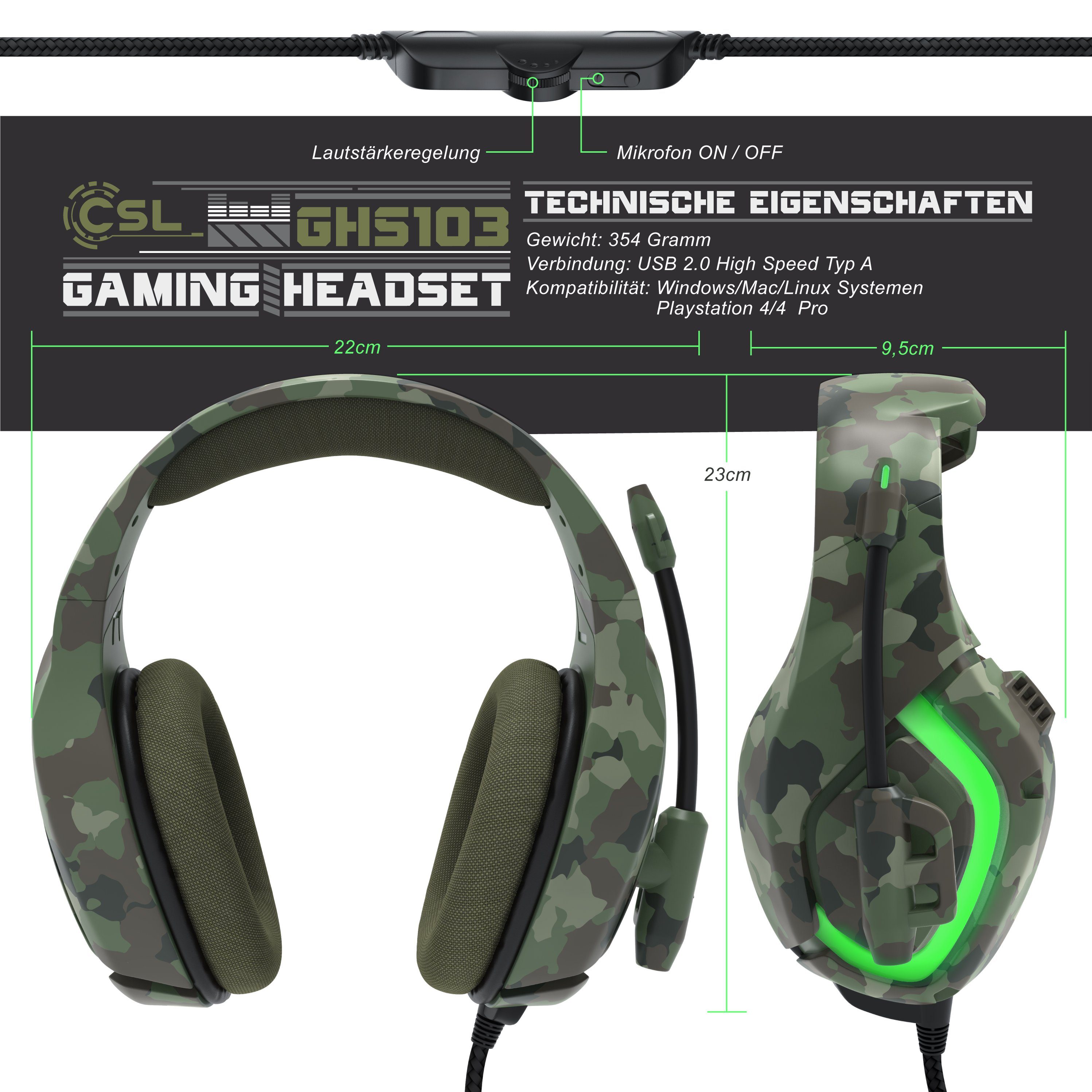 CSL USB "GHS-103" mit Mikrofon, Kopfhörer für PC, PS4 / 4 Pro Gaming-Headset (Gaming Headset kabelgebunden, Over-Ear Kopfhörer, Camouflage Design)