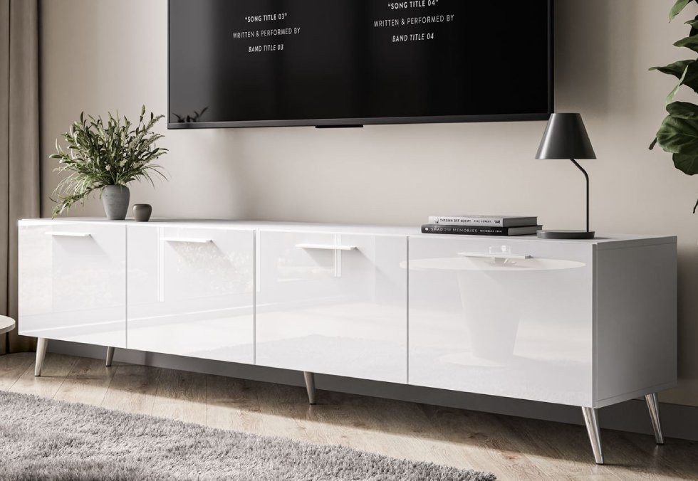 TV-Schrank LOGANTE 200 cm weiß Hochglanz/weiß mit Griffen Unterschrank Lowboard