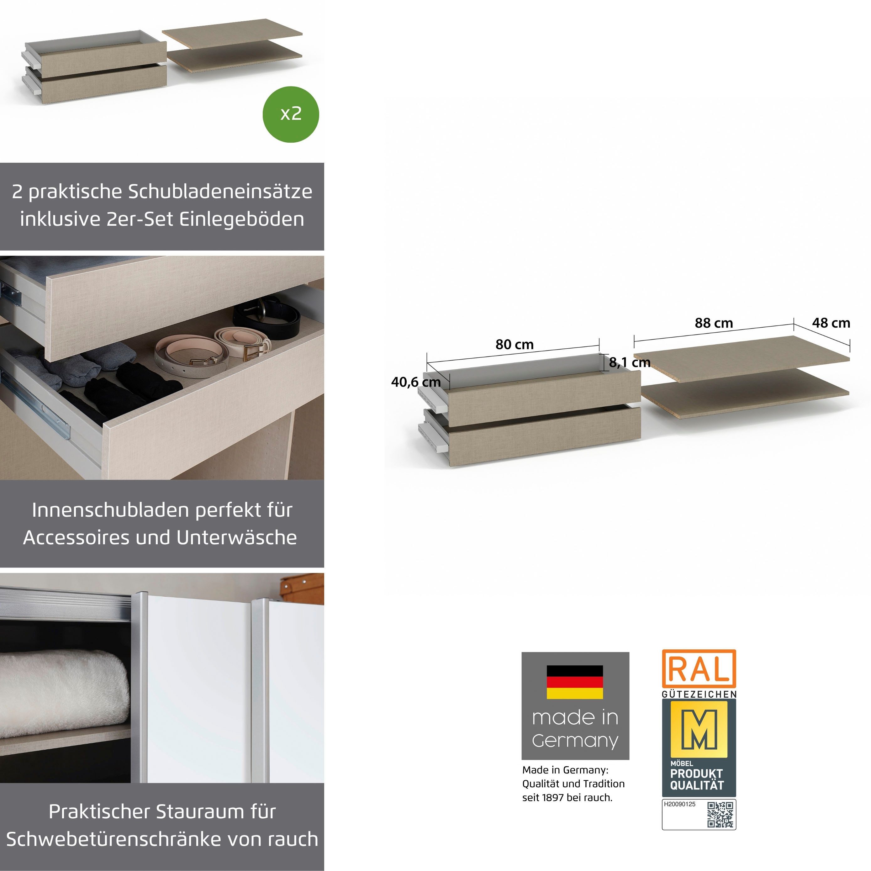 rauch Schubladeneinsatz Schubkasten Einsatz Zubehör ORANGE/BLUE für Rauch Kleiderschränke (variabel in der Höhe montierbar), 2 Schubladeneinsätze mit 2 Fachböden 88 cm für Schwebetürenschränke