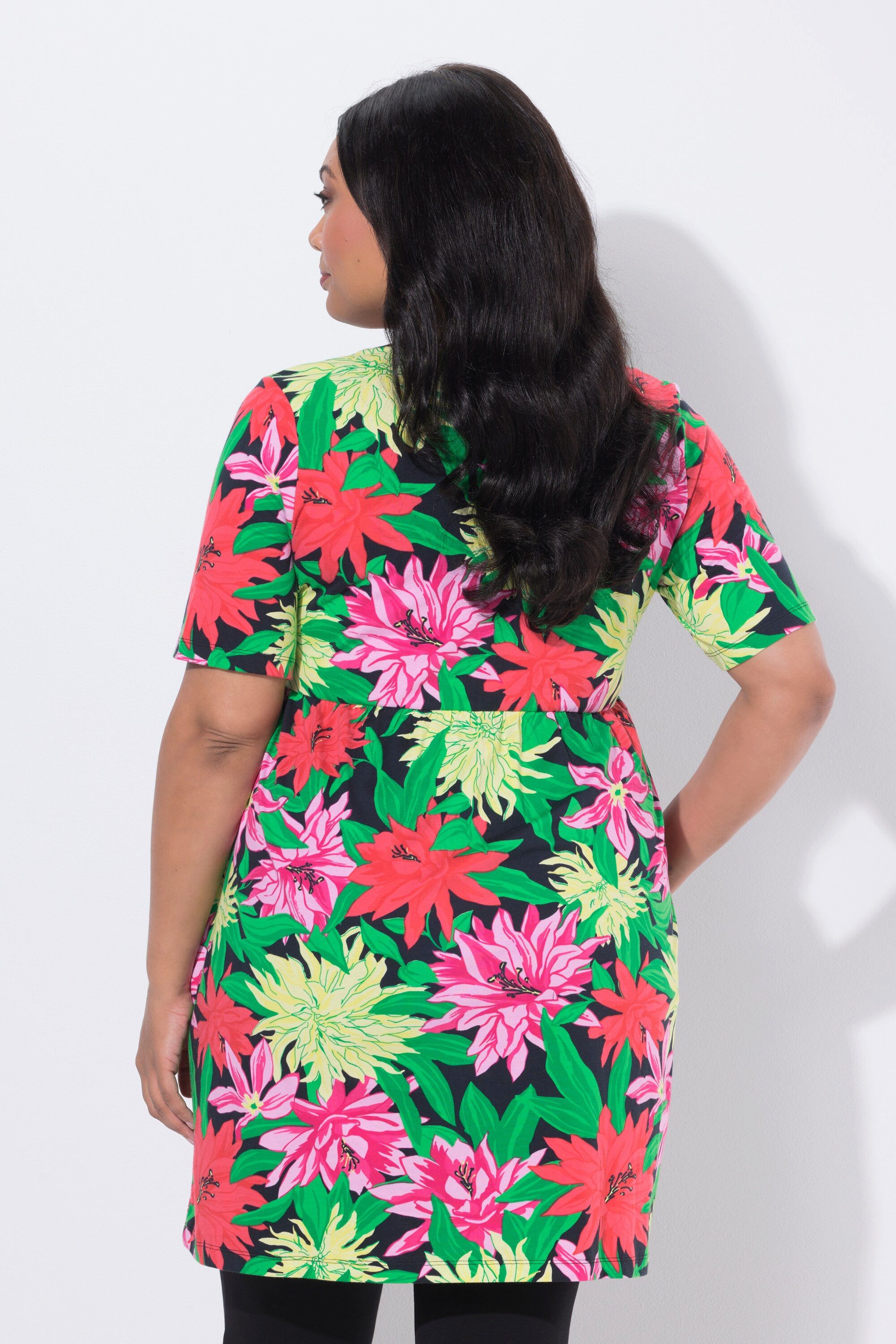 Ulla Popken Longshirt Longshirt Blüten A-Linie V-Ausschnitt Halbarm