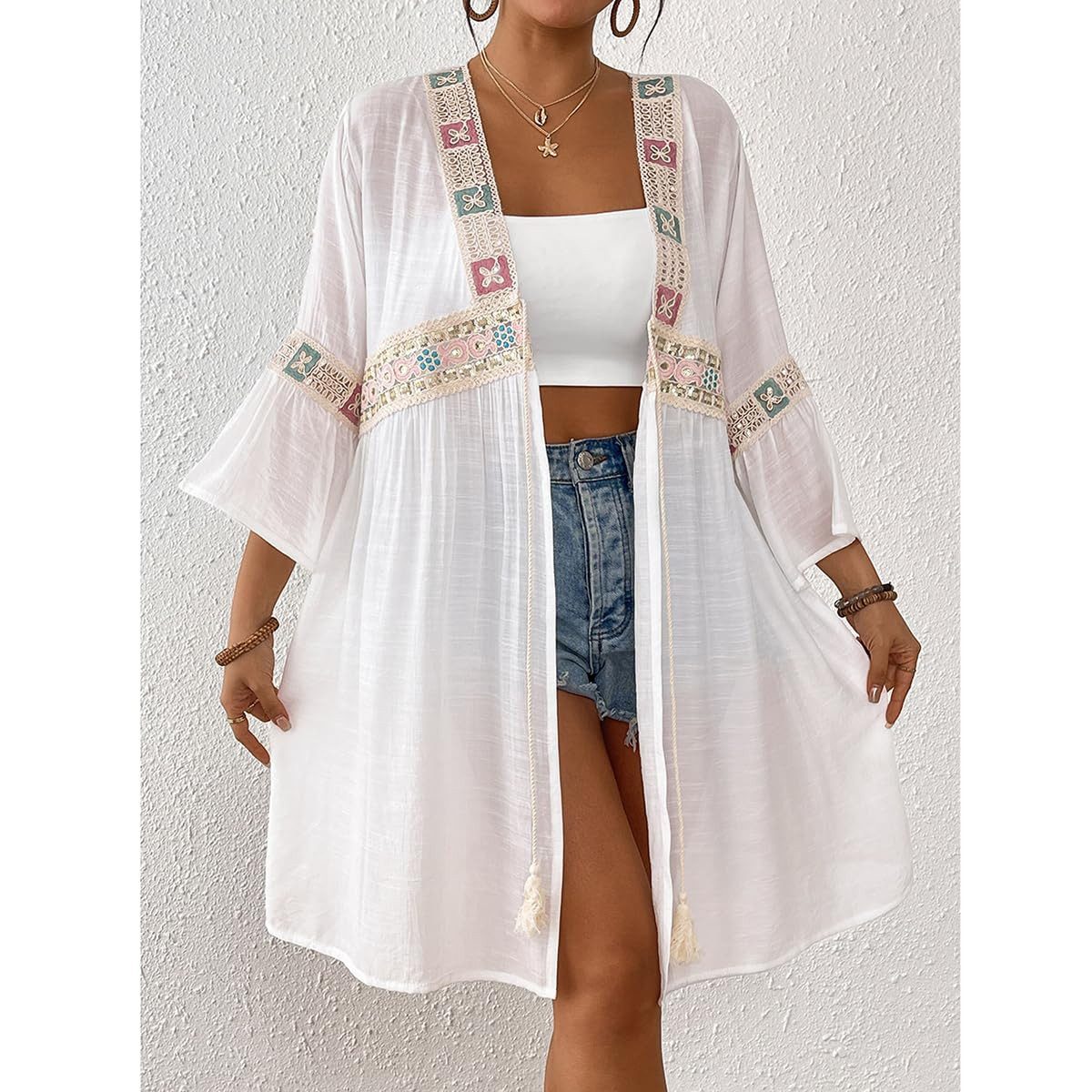 MOPUEA Strandkleid Kimono Strand Cardigan Bikini Cover Up Damen Swim Cover Ups (Boho Beach Beachwear Kimono Cardigan Strand Damen Lang Sommer, 1-tlg., Floral gehäkelte Strandbluse, V-Ausschnitt Transparent) Sommer Cardigans für Damen, Zum Binden Vorne, Strand Überwurf, Cape