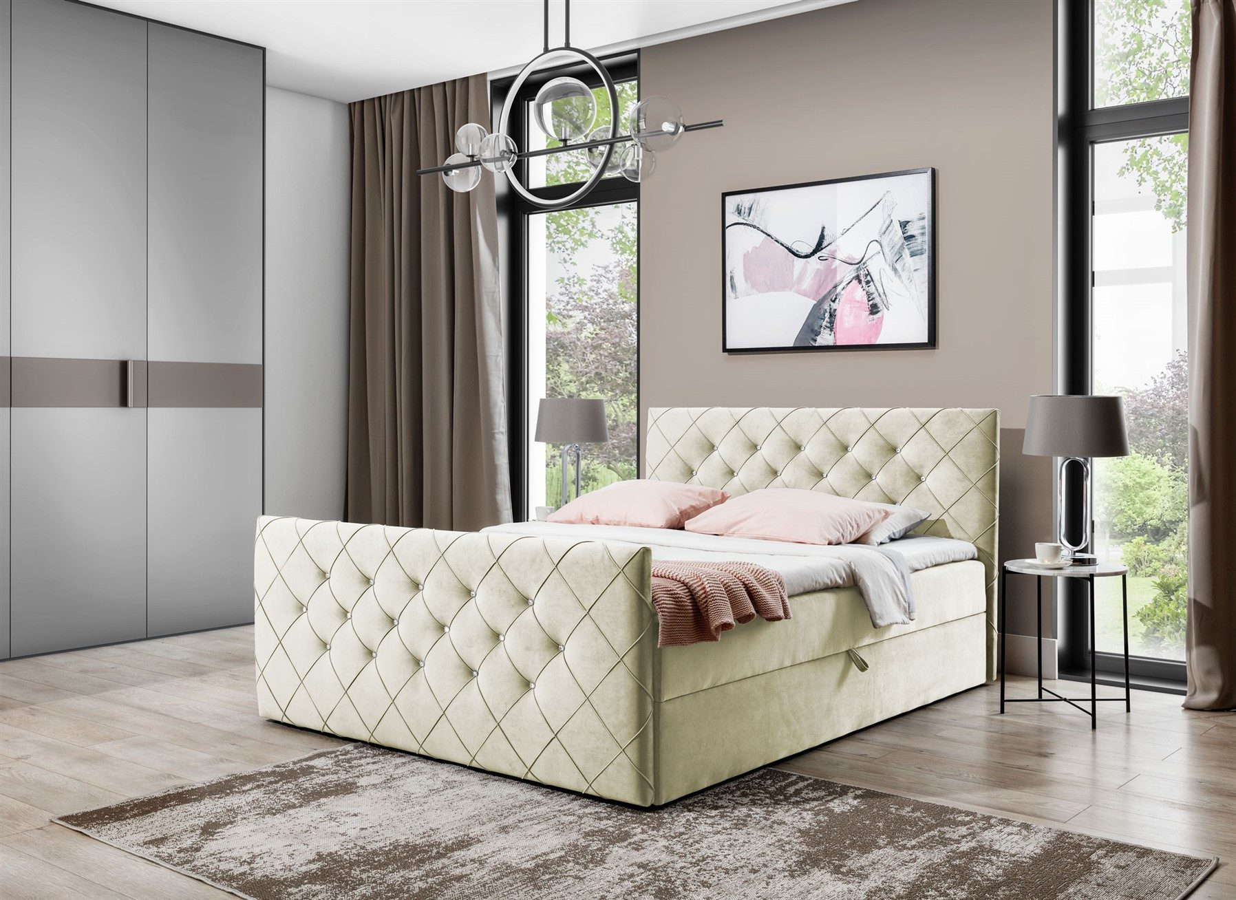 Fun Möbel Boxbett Schlafzimmerbett FUN ANDREN Stoff Magic Velvet (Kopfteil und Fußteil mit Strasssteinen besetzt, Erhältlich auch in der Überlänge 220 cm), Inkl. Bettkasten und Topper