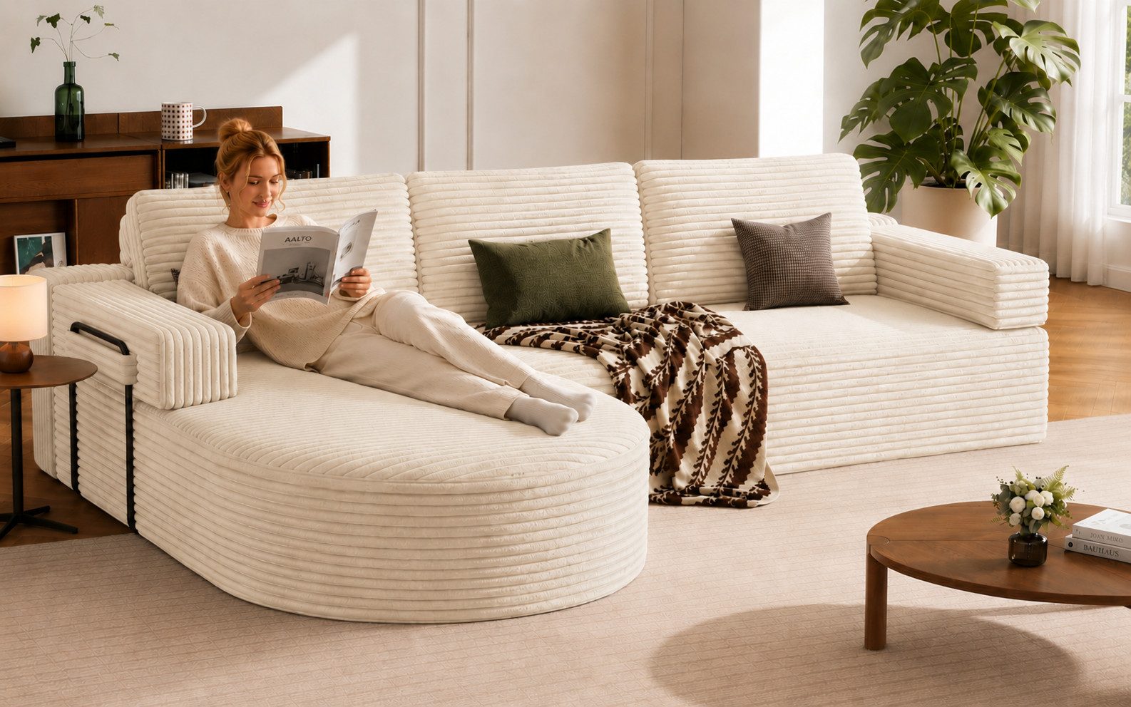 Ecksofa Cord Schlafsofa L Form 265cm mit Abgerundeter Chaise Longue