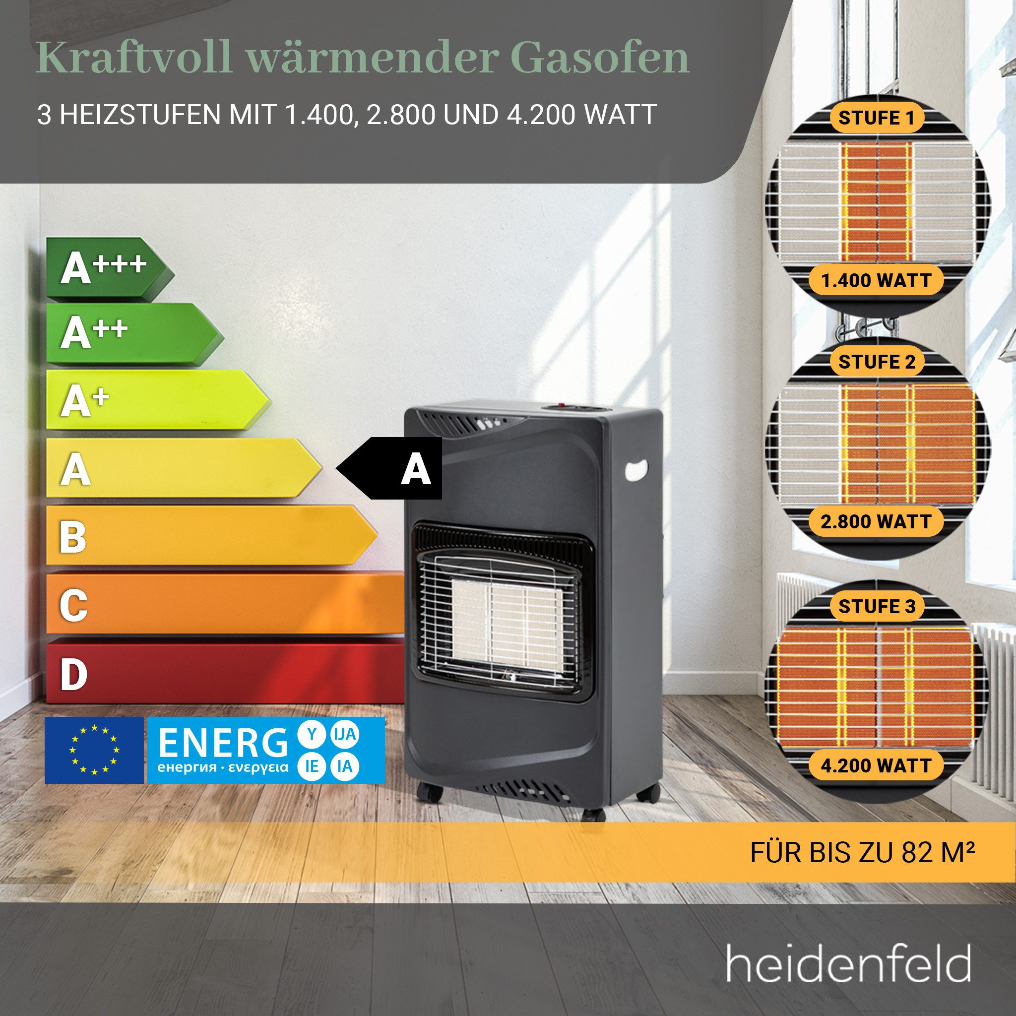 Heidenfeld Heizstrahler Gasofen GH100 inkl. 3 Jahre Garantie, Gasheizung, 4200 W, Wärmestrahler 3 regelbare Wärmeleistungen - Heizung - Gasheizgerät