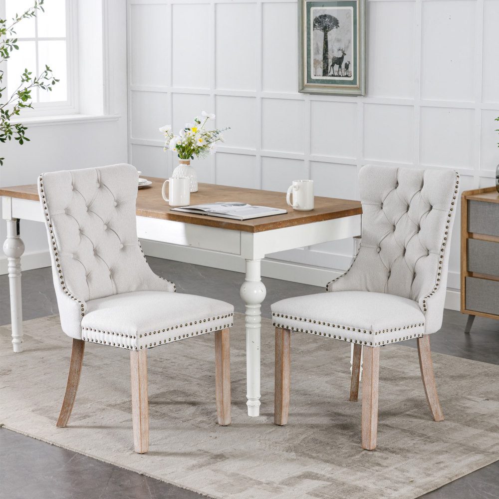 BBWL Polsterstuhl 2er Set gepolstert Leinen Massivholz Beine Knopfheftung Ziernägel, Esszimmerstuhl Rückenlehne komfortabel modern