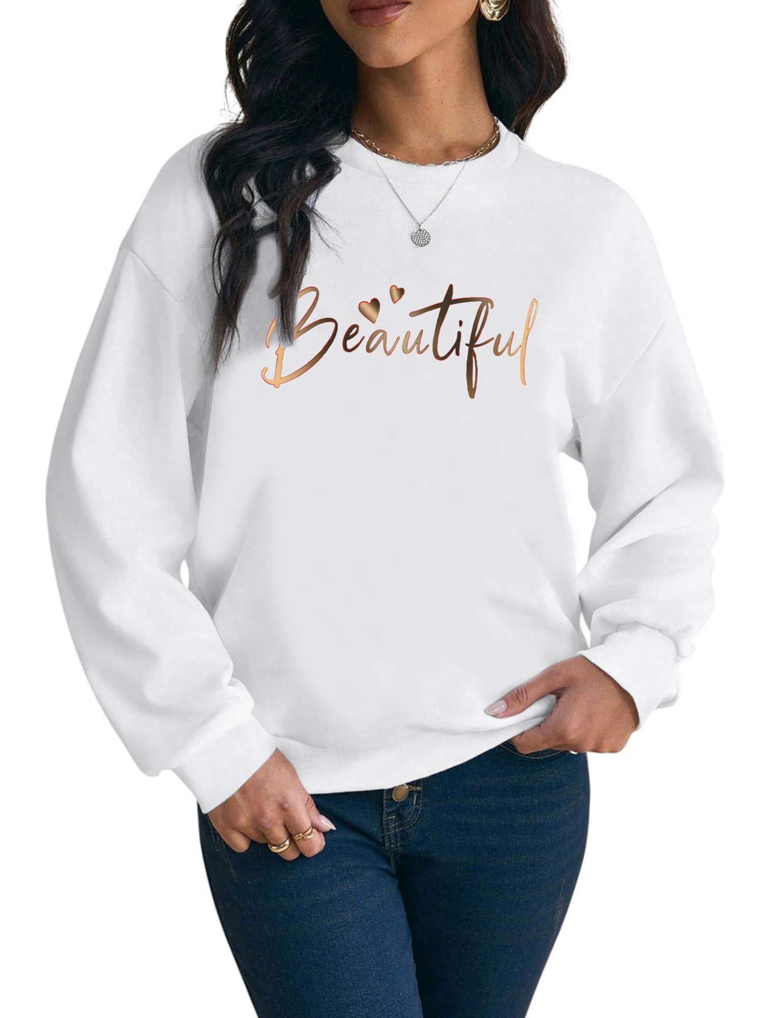 PYLIKE Fleecepullover Damen Rundhals Sweatshirt mit Print, Lockerer Langarm günstig online kaufen