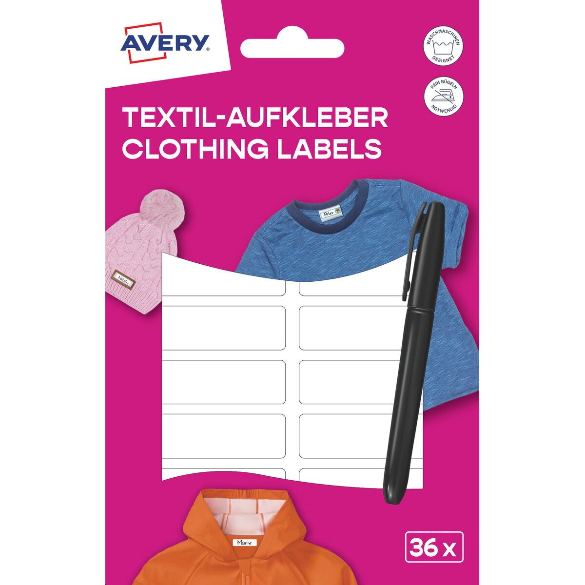 Avery Zweckform Etiketten Textilaufkleber 45x13mm 36 Stück Etiketten + Stift
