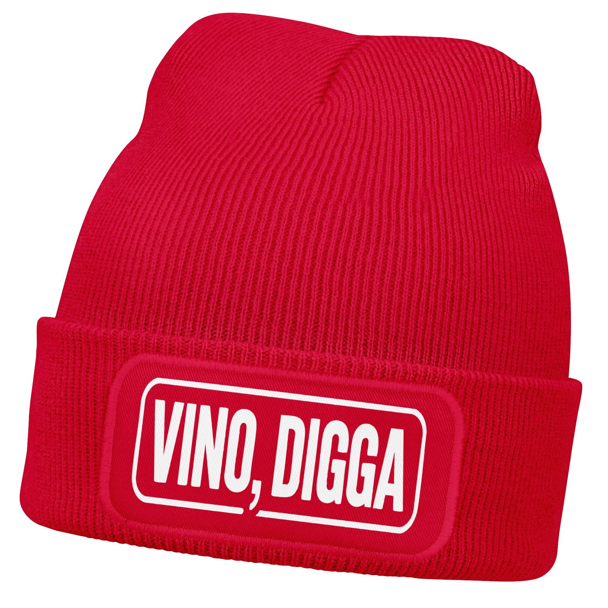 Strickmütze Damen Beanie Strickmütze mit Spruch Vino Digga Aufdruck Lustig