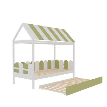 XDeer Ausziehbett Hausbett 90x190 mit Dach Ausziehbett Jugendbett Jungen Mädchen, Dach und Rückenlehne Massivholzbett mit Lattenrost grün rosa