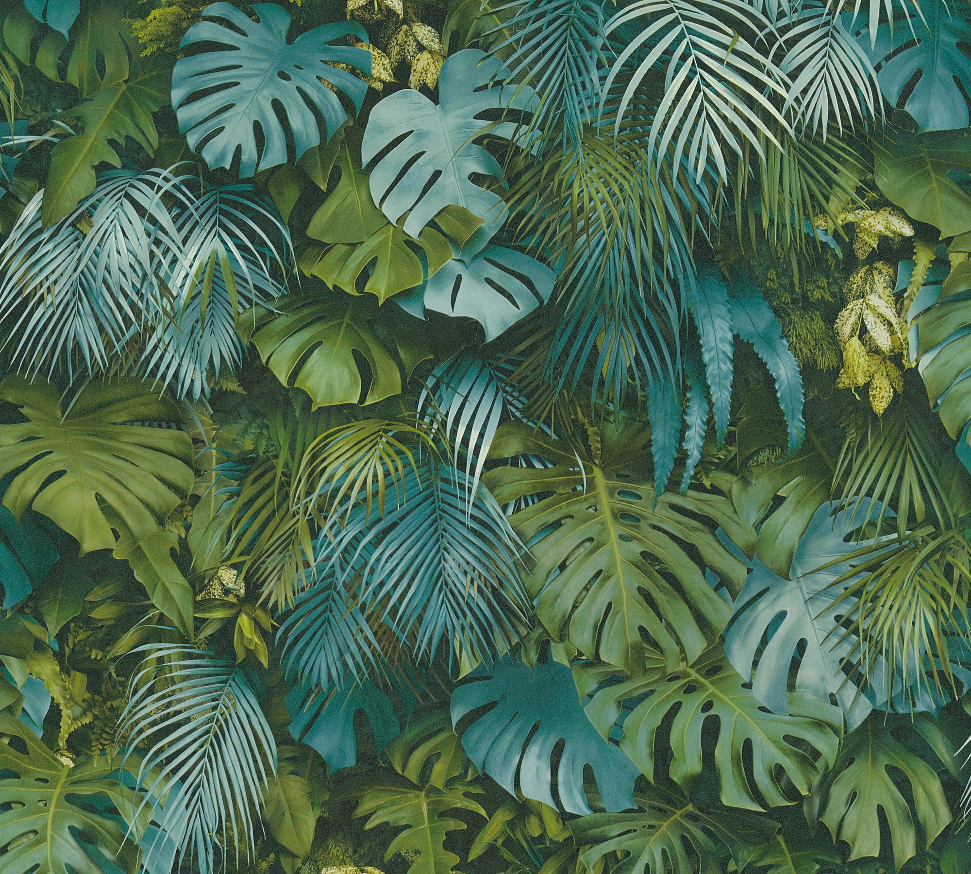 A.S. Création Vliestapete Palmentapete Optik, Tapete mit floral, Greenery in Palmenprint Dschungel Dschungel bunt/blau