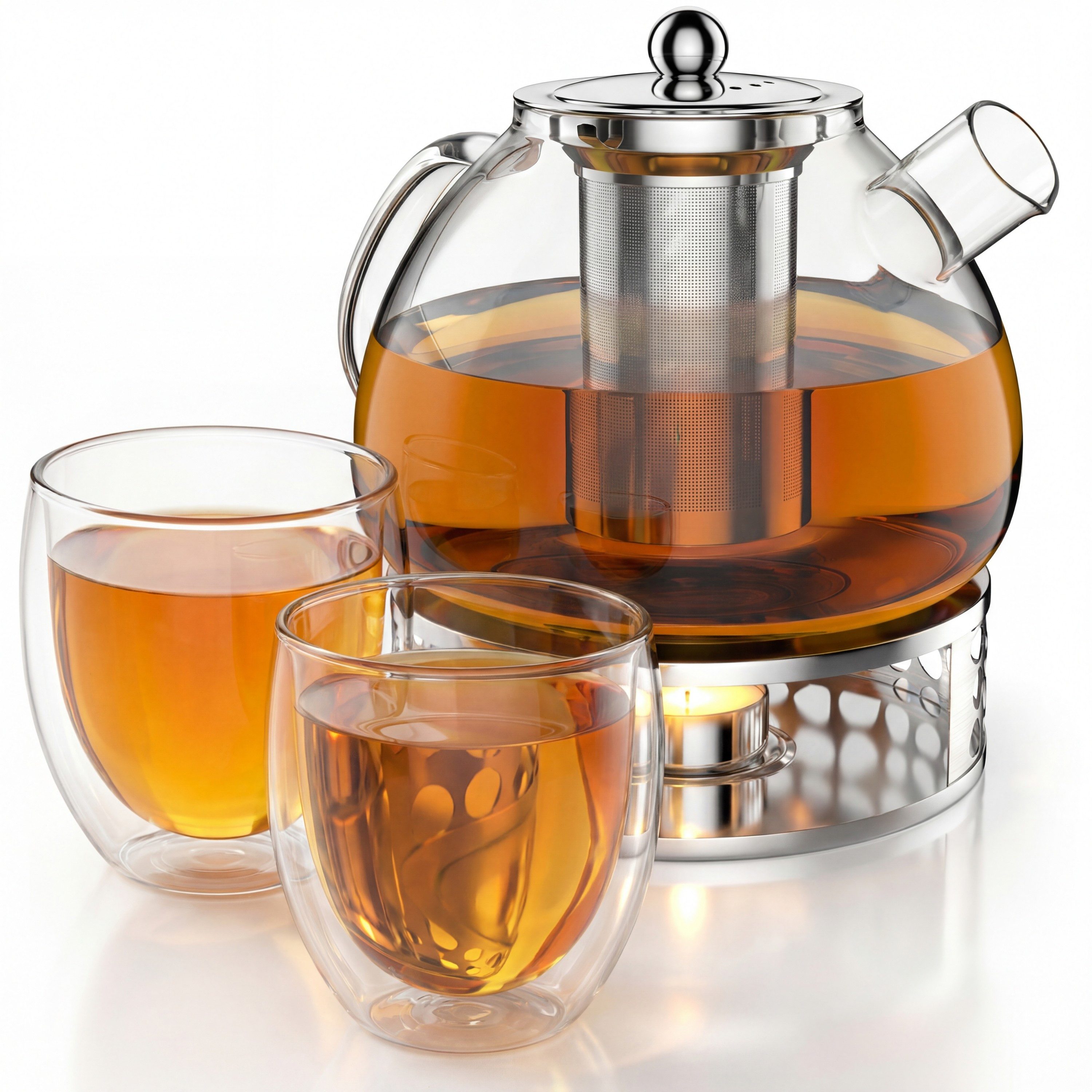 Arendo Teekanne Stövchen 1,5L Sieb + 2 Thermogläser 350ml, 1,5 l, (Set, 1-St., Rechaud, Glaskanne, Teesieb), Borosilikatglas, Tischkocher, Edelstahlsieb, hitzebeständig, Geschenk