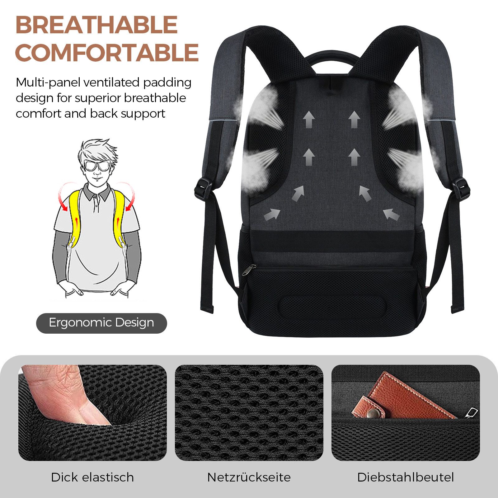 OKWISH Laptoprucksack Laptop Rucksäcke Schulrucksack Wasserbeständig Laptoptasche (Uni Tasche Businessrucksack Sportrucksack, Anti-Diebstahl, Backpack mit Laptopfach, mit USB-Anschluss), Herren Damen Jungen Teenager Arbeit Business Freizeit Reisen