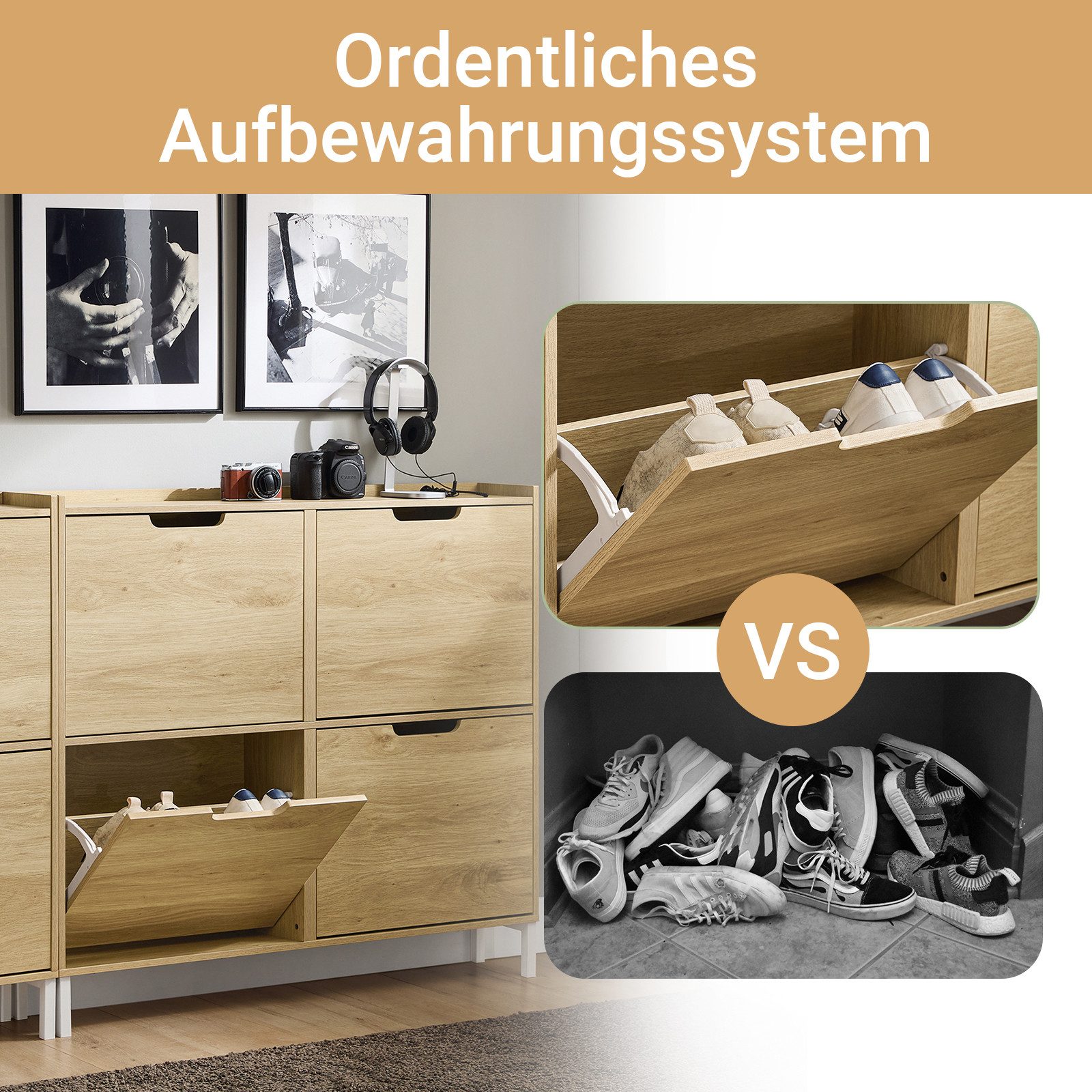 SoBuy Schuhkipper FSR100, Schuhschrank schmal mit 4 Klappen, Flurschrank Schuhregal, Schuhkipper schmal, nur 19 cm tief, für Kleine Wohnungen, Enge Flure