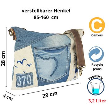 Sunsa Umhängetasche Damen Maritim Umhängetasche. Schultertasche aus Canvas, recycelte Jeans & Leder. Große Vintage Crossbody Tasche. Nachhaltig Handtasche, echtes Leder Henkel, Maritim Druck, enthält recyceltes Material