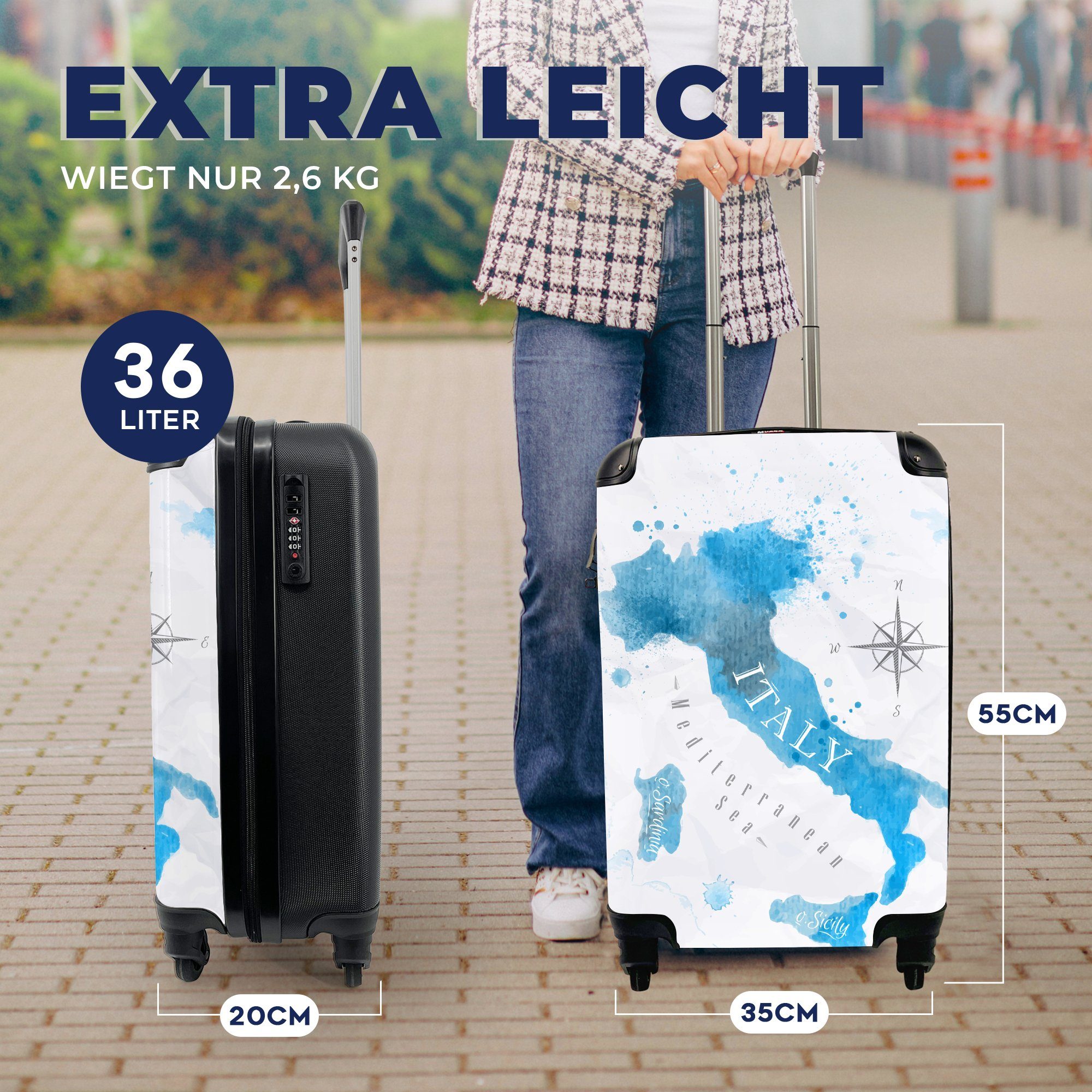 MuchoWow Handgepäckkoffer rollen, Blau Reisekoffer - 4 Italien, - Handgepäck Ferien, Trolley, Rollen, für Reisetasche Weltkarte mit